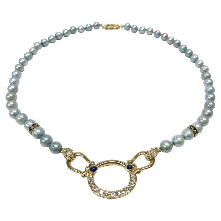14 Karat Pearl Diamond Sapphire Necklace For Sale