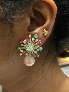 14 Karat Pearl Emerald Tourmaline and White Diamond Stud Earrings