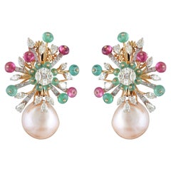14 Karat Pearl Emerald Tourmaline and White Diamond Stud Earrings