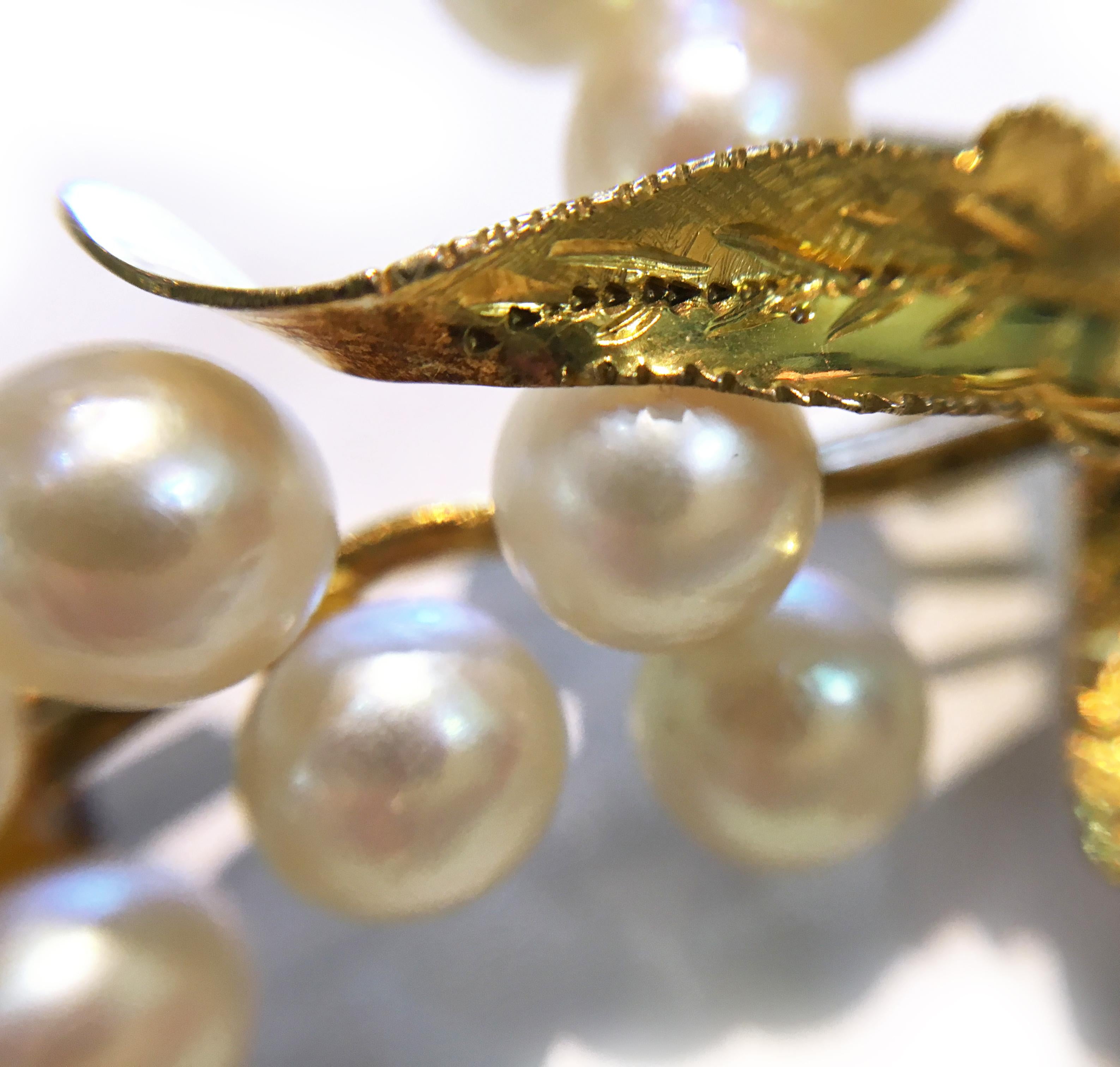Retro 14 Karat Pearls Leaves Brooch For Sale