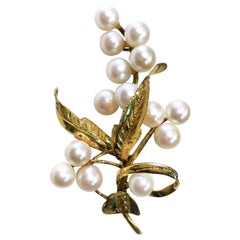 Vintage 14 Karat Pearls Leaves Brooch