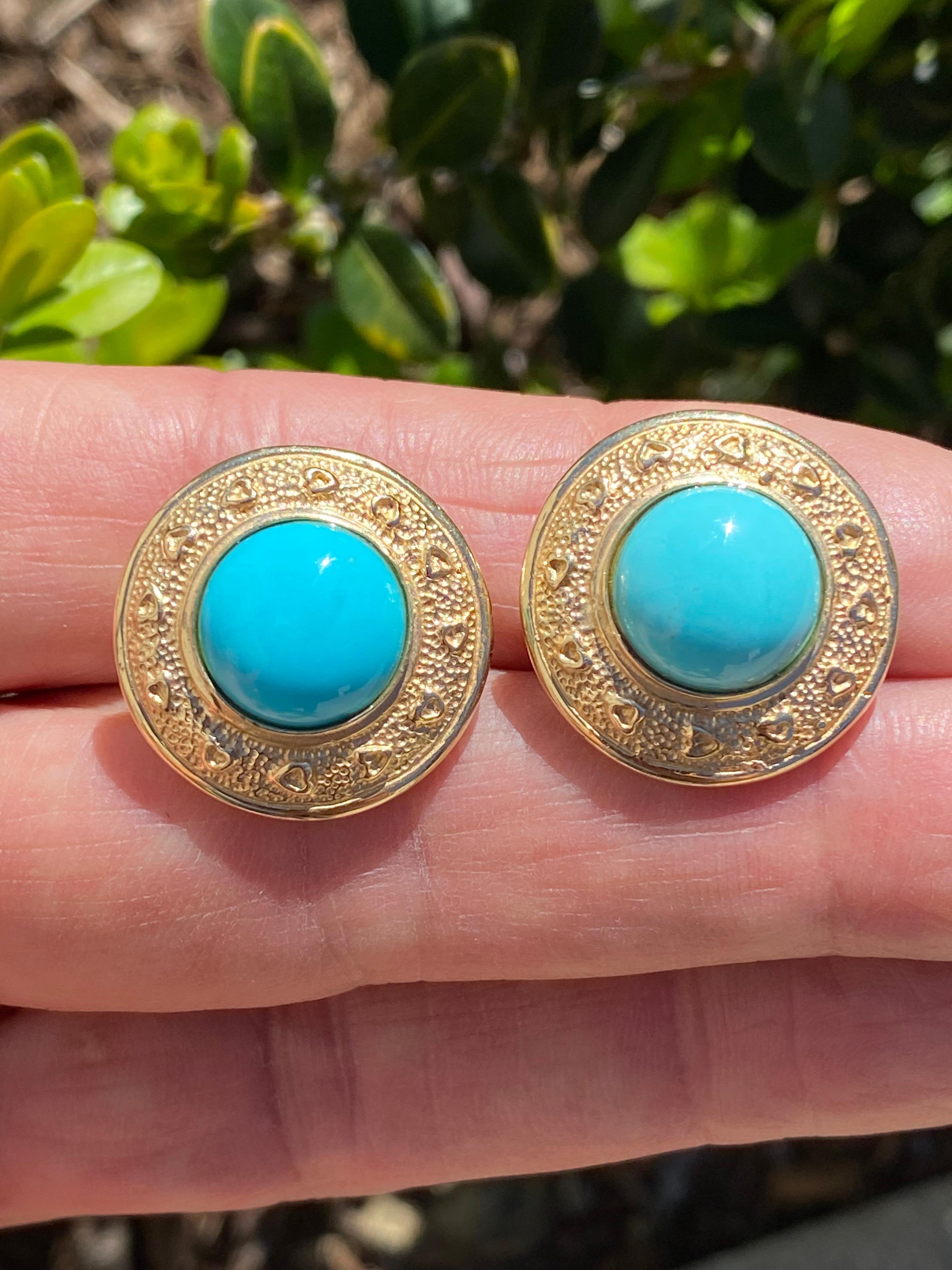 14 Karat Persian Turquoise Cabochon Earrings In Good Condition In Laguna Hills, CA