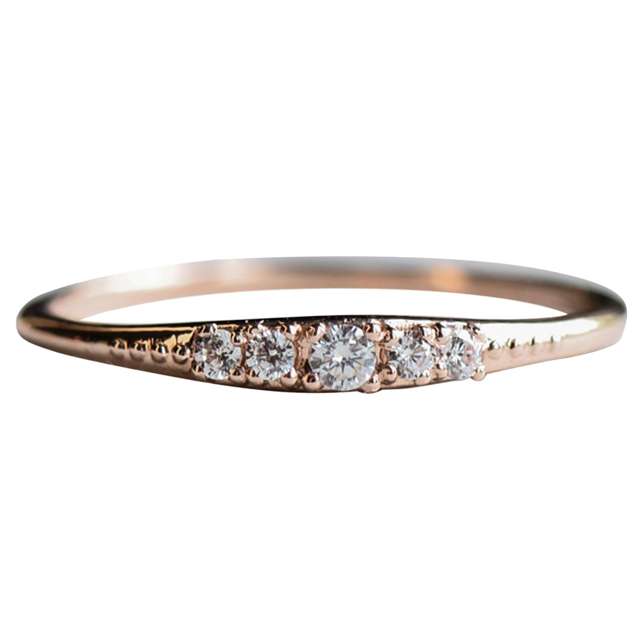 14 Karat Petite Diamond Band, Five Stone Rose Gold Ring For Sale