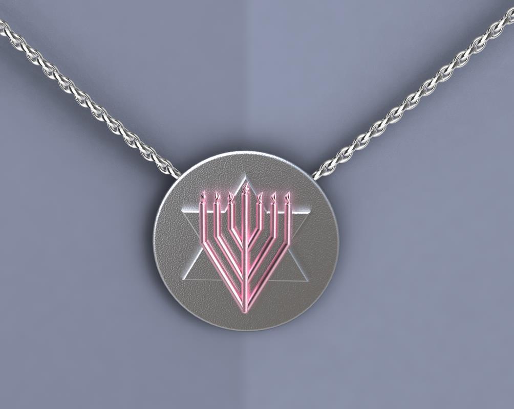 14 Karat Pink and Sterling Silver Judaica Art Pendant Necklace For Sale 1