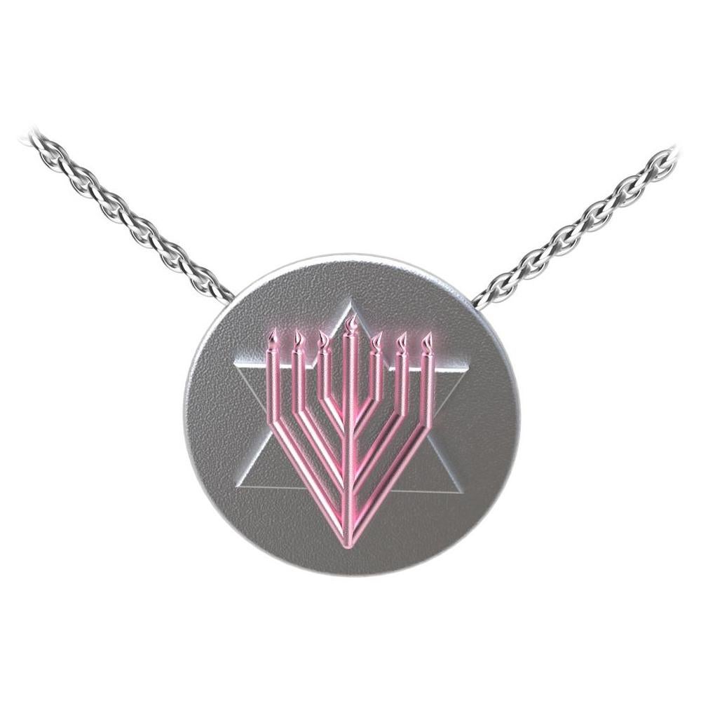 14 Karat Pink and Sterling Silver Judaica Art Pendant Necklace For Sale