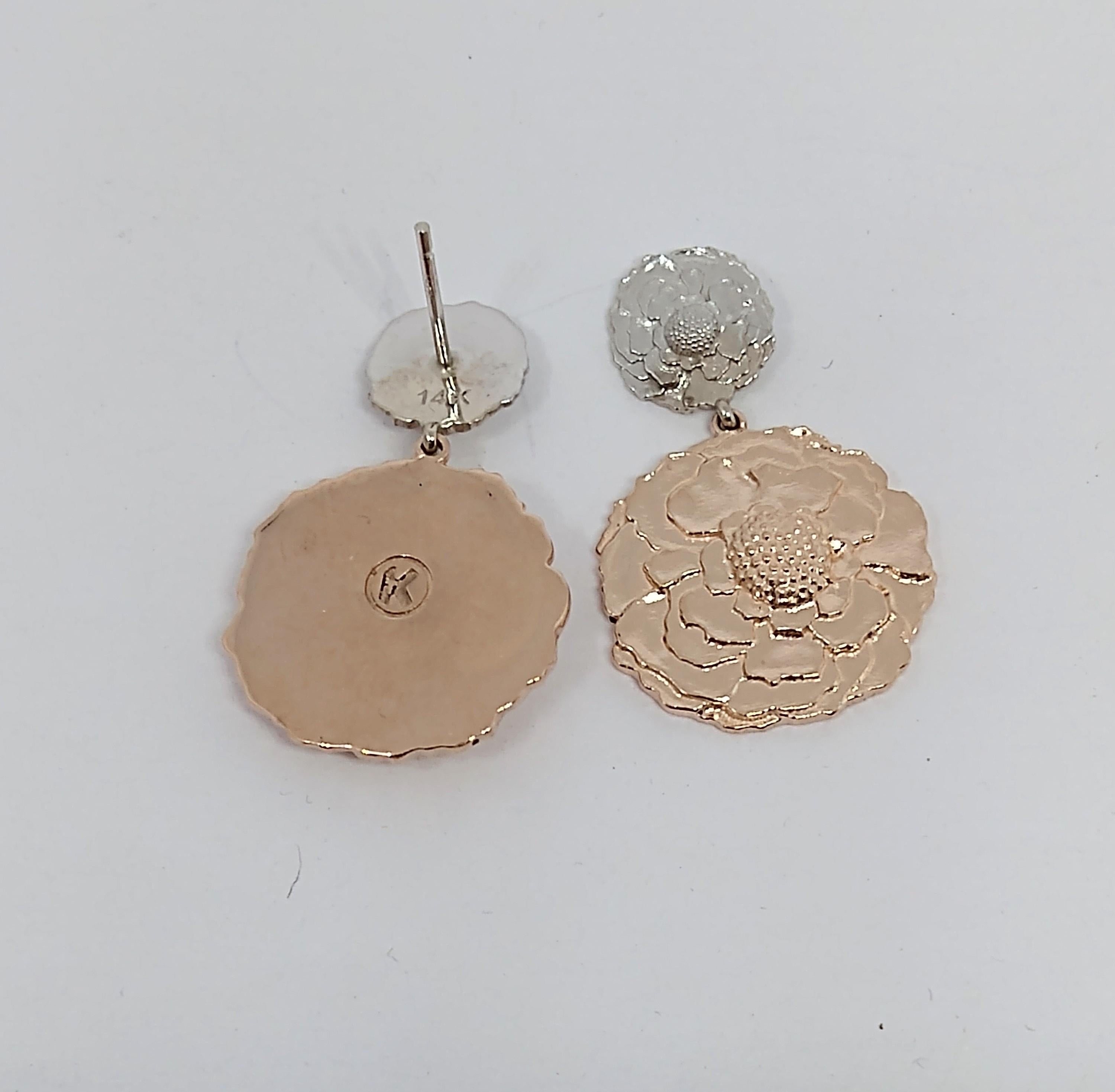 Contemporary 14 Karat Pink and White Gold Marigold Flower Earrings
