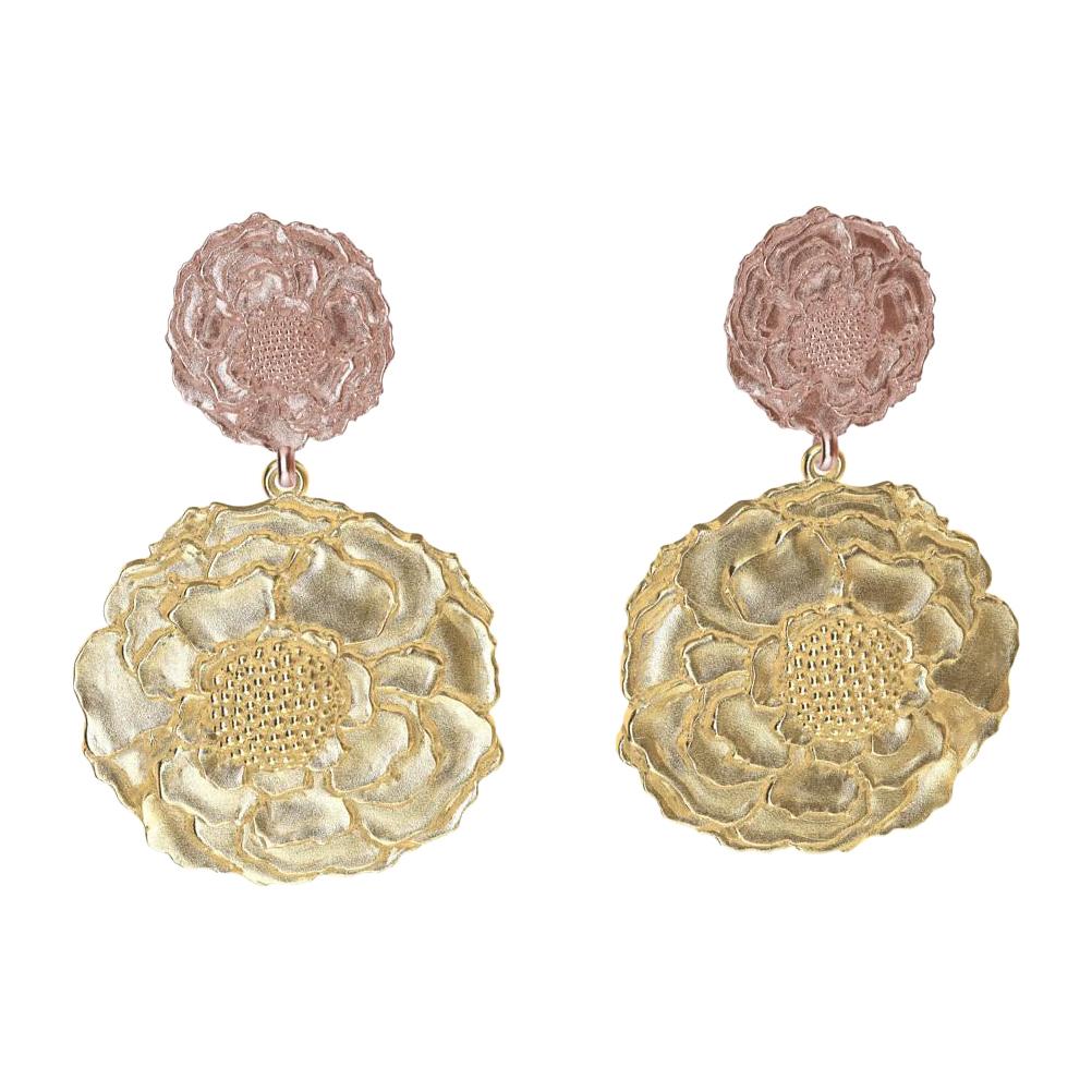 14 Karat Pink and Yellow Gold Marigold Flower Earrings For Sale