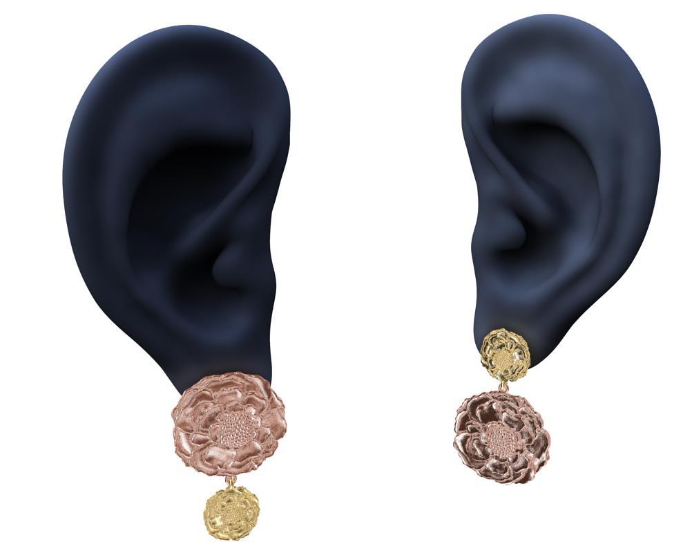14 Karat Pink and Yellow Gold Marigold Flower Earrings Mix match sizes , Tiffany designer , Thomas Kurilla was excited to create these because  the amount of overlapping petals. Being a sculptor, this challenge was fun to see it  grow from my
