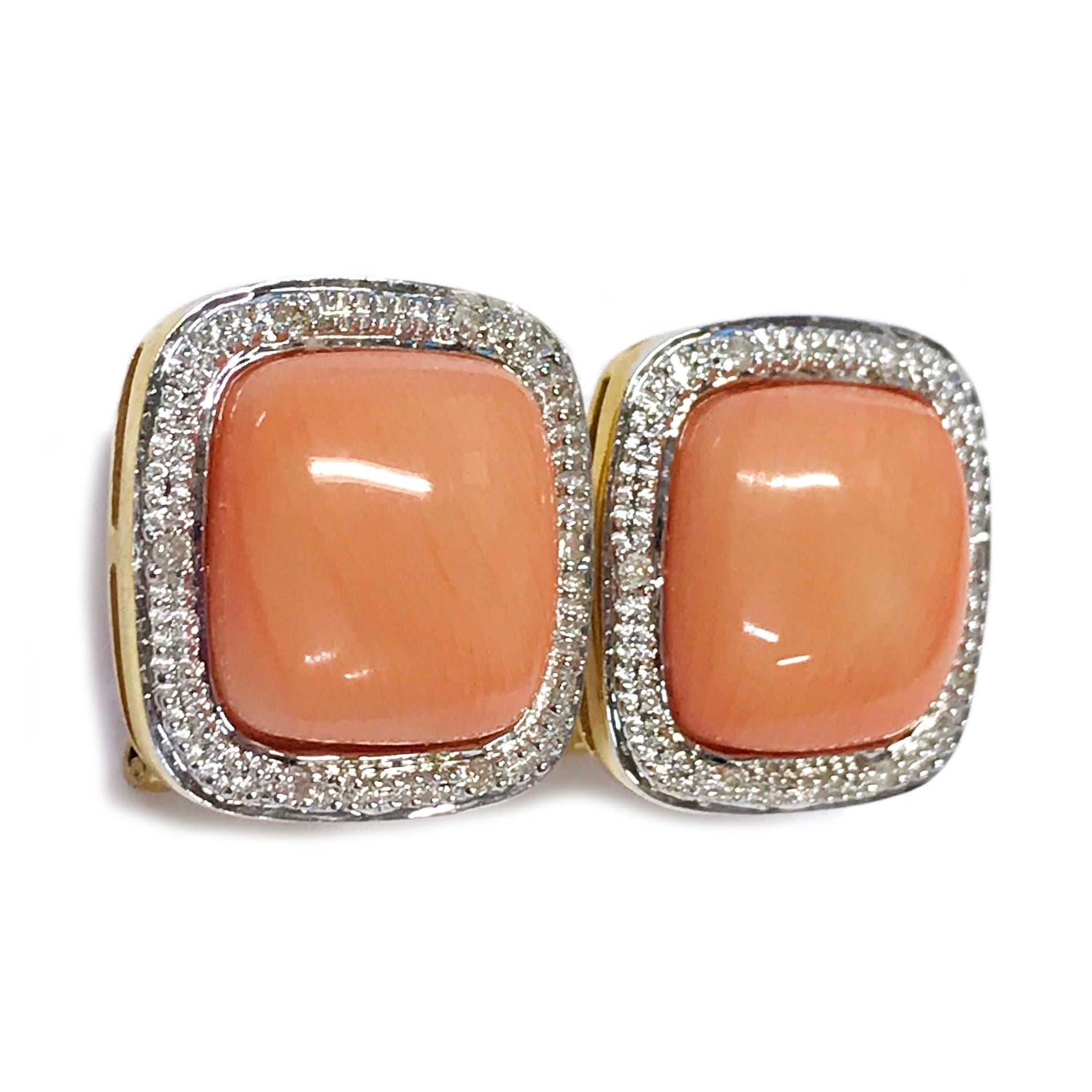 14 Karat Yellow Gold Pink Coral Diamond Earrings. The earrings feature a rounded corner square bezel-set Pink Coral cabochon with six round brilliant-cut diamonds along the surround of the earrings. The diamonds are set in white gold, two on either