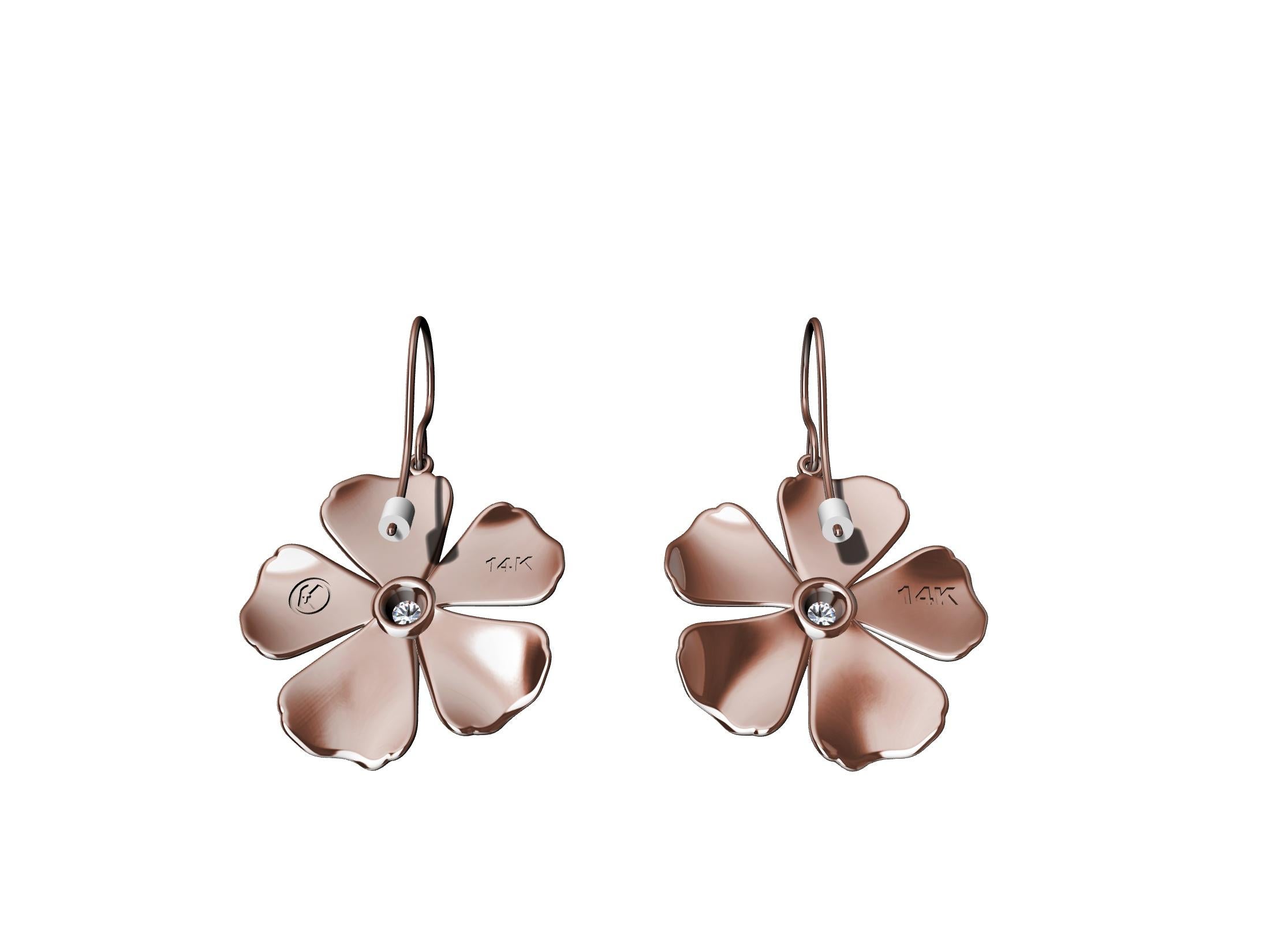 Contemporary 14 Karat Pink GIA Diamond Periwinkle Flower Earrings For Sale