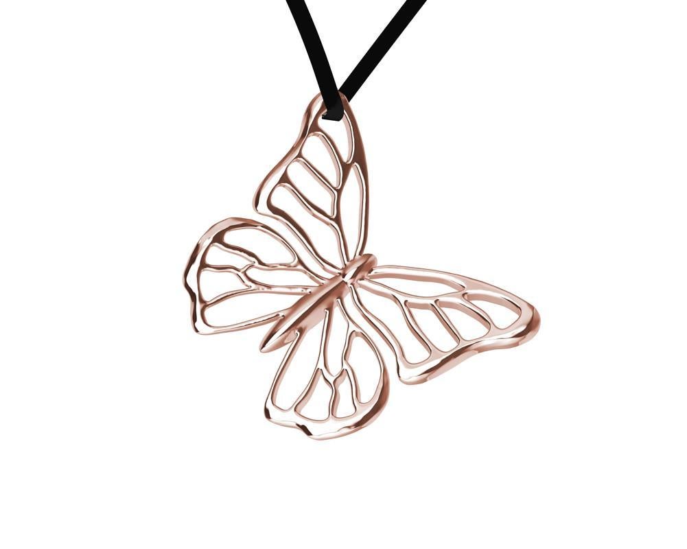 Women's or Men's 14 Karat Pink Gold Butterfly Necklace on Suede For Sale