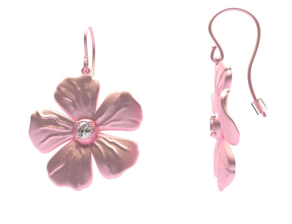14 Karat Pink Gold Gia Diamond Periwinkle Flower Earrings, Tiffany designer, Thomas Kurilla sculpted these for 1stdibs. The periwinkle , a simple and elegant flower accented with a diamond center. Diamonds are  GIA -3.5 mm , .32 ct wt. , H  ,VS1 .