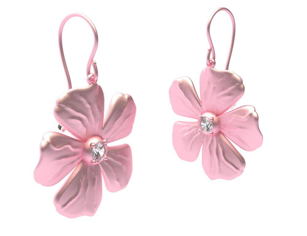 Contemporary 14 Karat Pink Gold GIA Diamond Periwinkle Flower Earrings For Sale