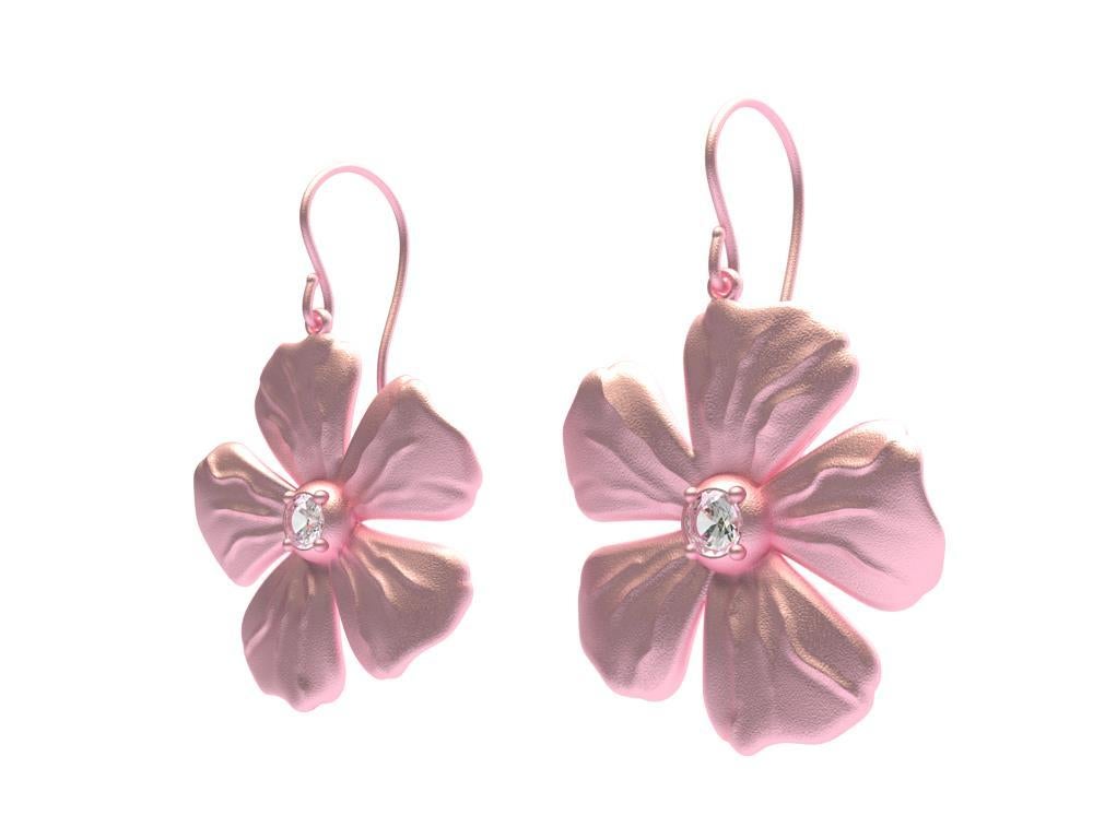 Round Cut 14 Karat Pink Gold GIA Diamond Periwinkle Flower Earrings For Sale