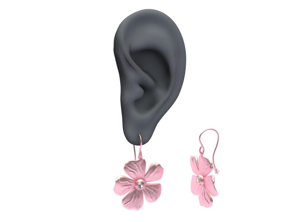 Women's 14 Karat Pink Gold GIA Diamond Periwinkle Flower Earrings For Sale