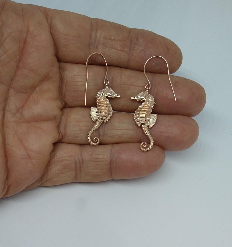 14 Karat Pink Gold GIA Diamond Sea Horse Earrings, These are sculpted by Tiffany Designer  Thomas Kurilla.  The ocean, we've got to love it. These are life size.  30 mm long with diamond eyes. The life and energy of the ocean is beyond compare. It