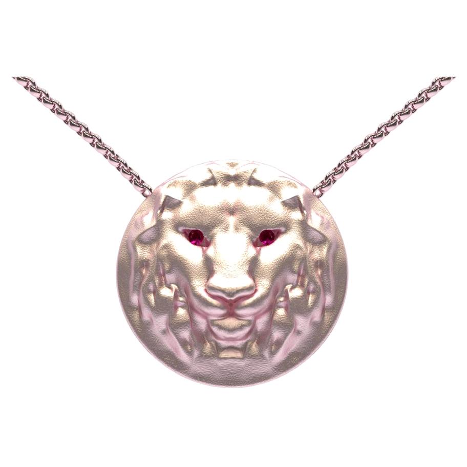 14 Karat Pink Gold Women's 18 inch Pendant Necklace Leo Lion with Ruby Eyes For Sale