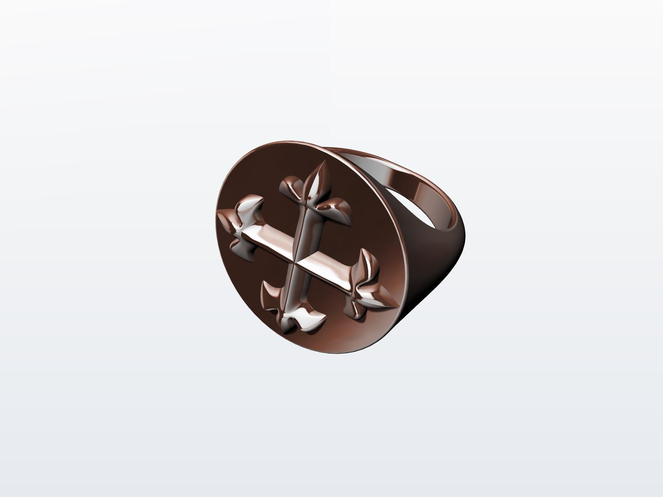 For Sale:  14 Karat Pink Gold West 46 Fleur De Lis Cross Signet Ring 5