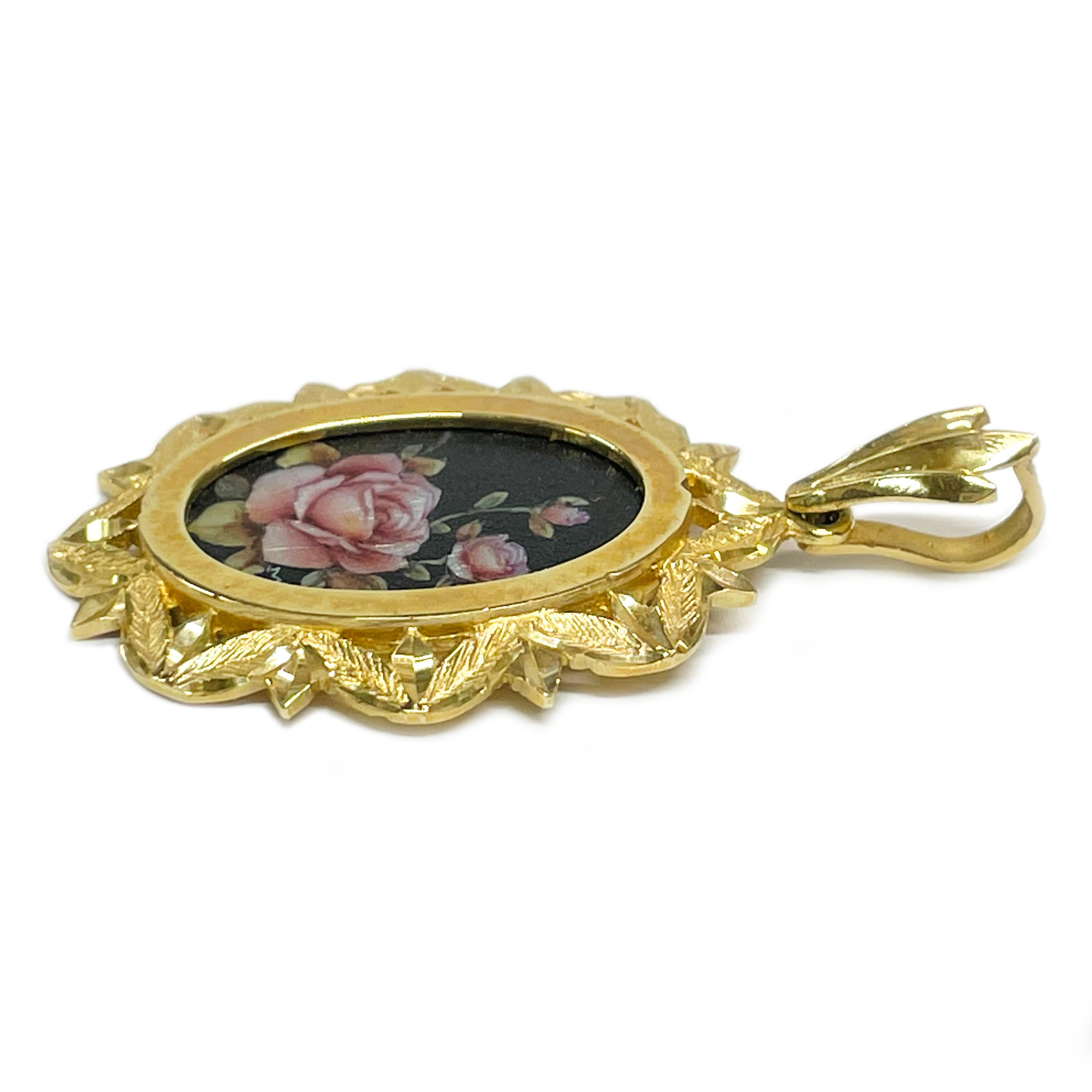 Contemporary 14 Karat Pink Roses Masterpiece Hand Painted MOP Pendant #0646 For Sale