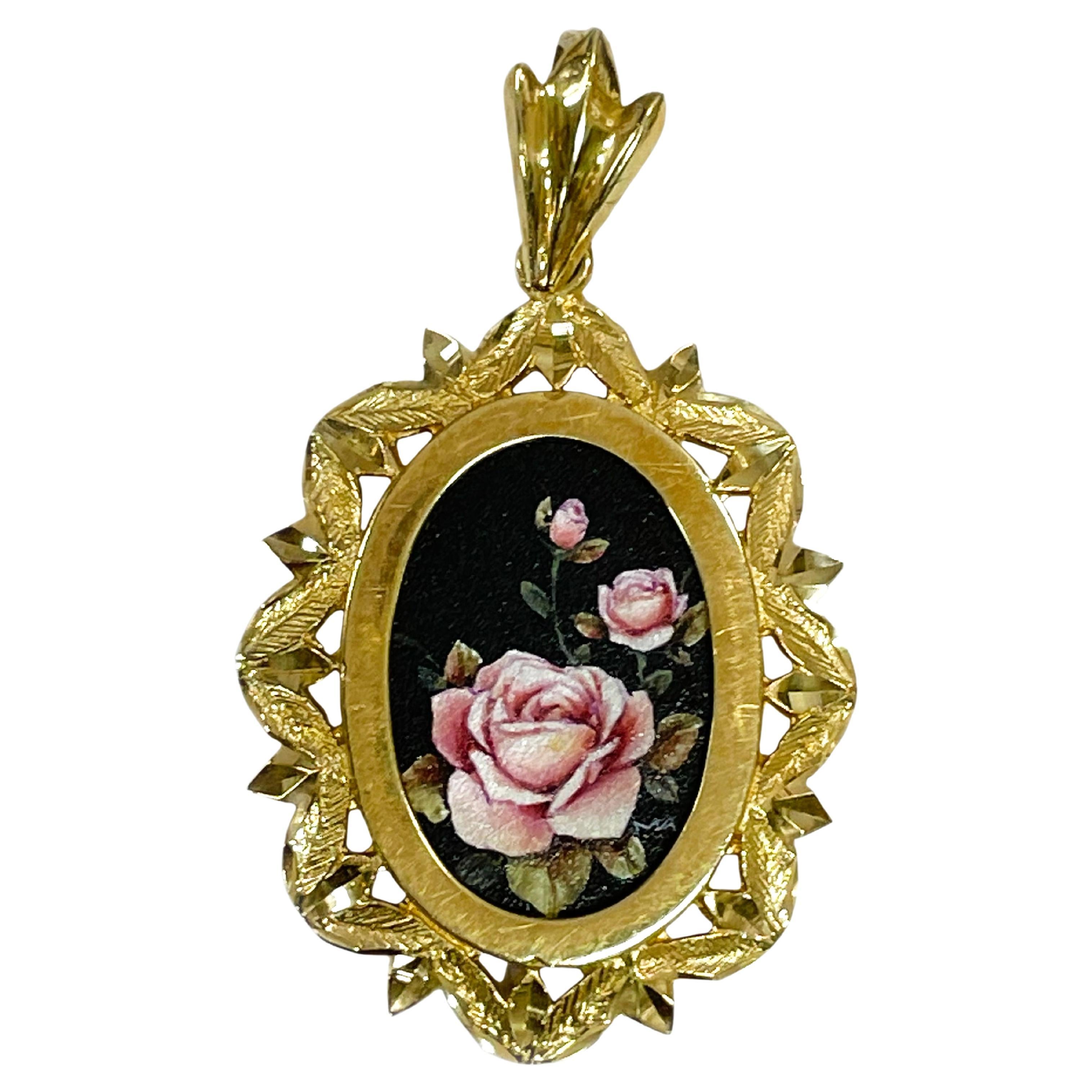14 Karat Pink Roses Masterpiece Hand Painted MOP Pendant #0646 For Sale