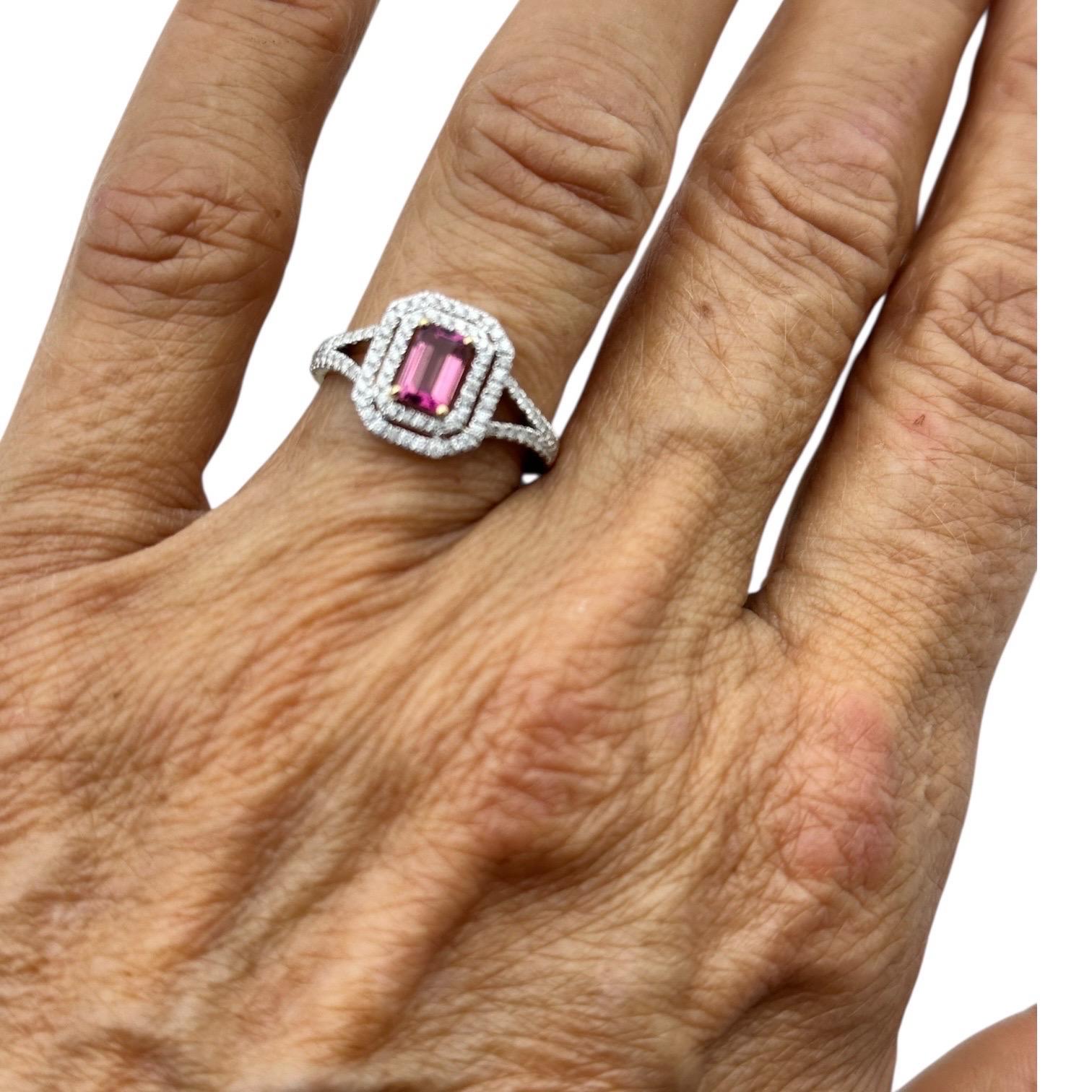 Anello a doppia aureola con tormalina rosa e diamanti in 14 carati in vendita 7