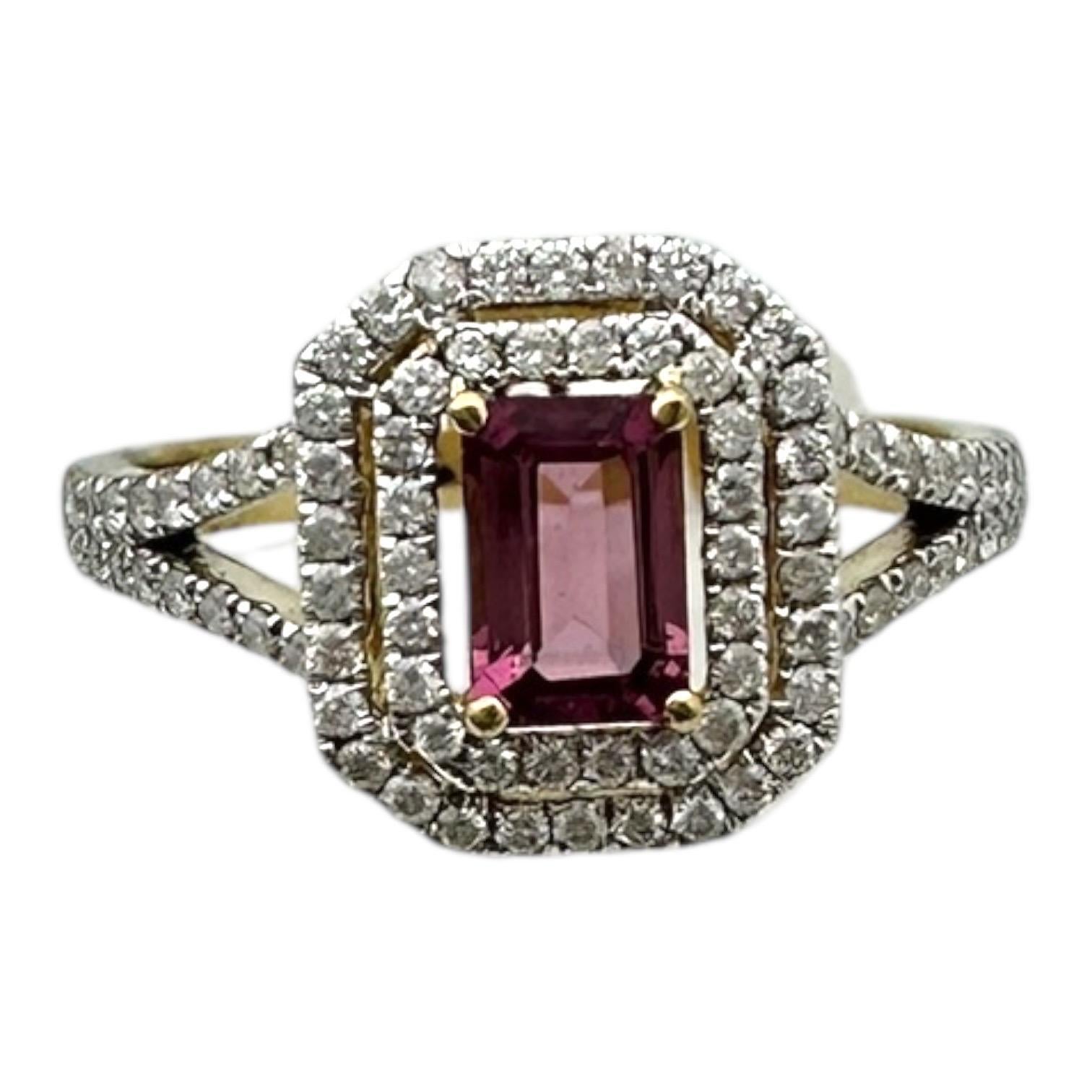 Anello a doppia aureola con tormalina rosa e diamanti in 14 carati in vendita 1