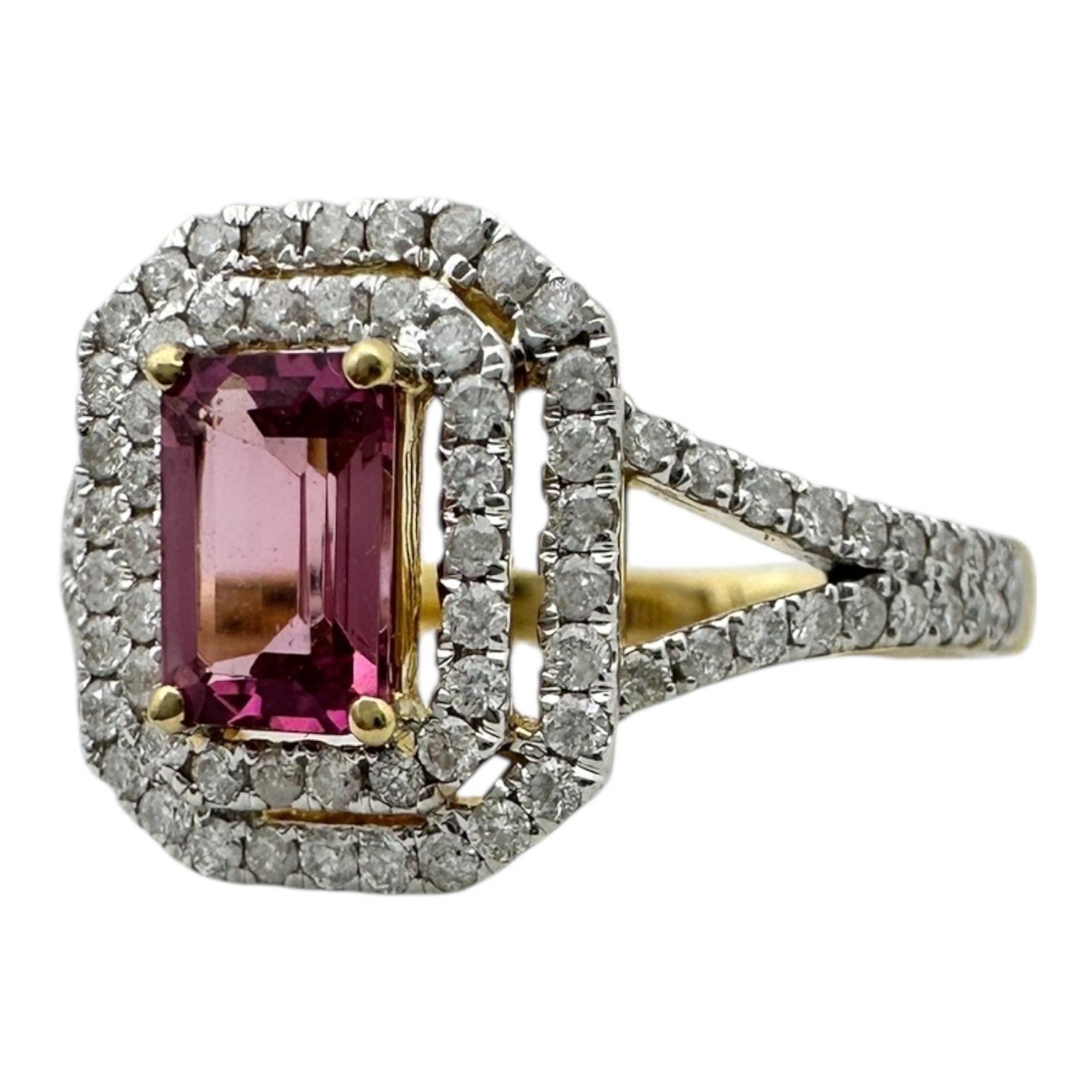 Anello a doppia aureola con tormalina rosa e diamanti in 14 carati in vendita 2