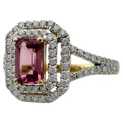14 karat pink tourmaline and diamond double halo ring