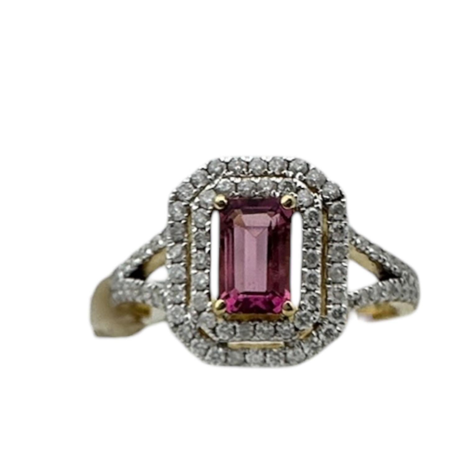 Anello a doppia aureola con tormalina rosa e diamanti in 14 carati in vendita 3