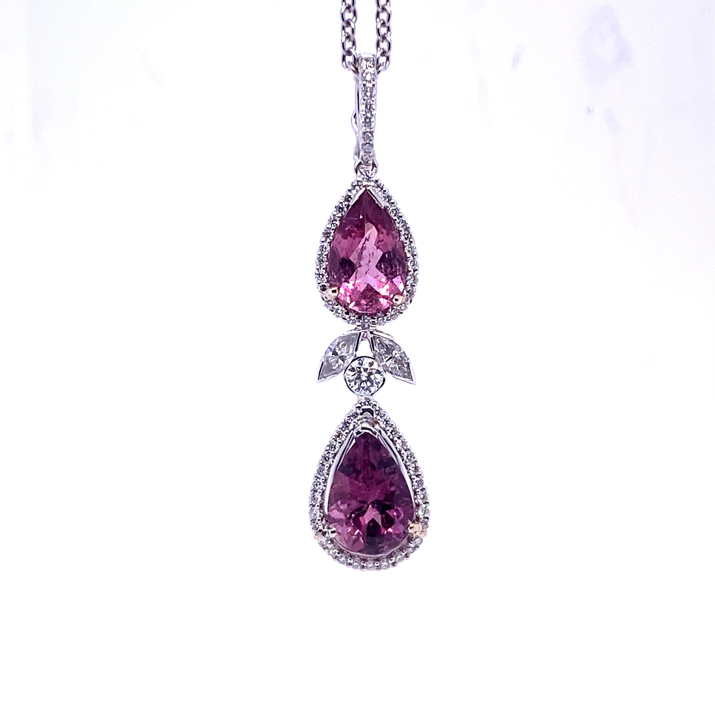 Artisan 14 Karat Pink Tourmaline Necklace with Diamonds For Sale