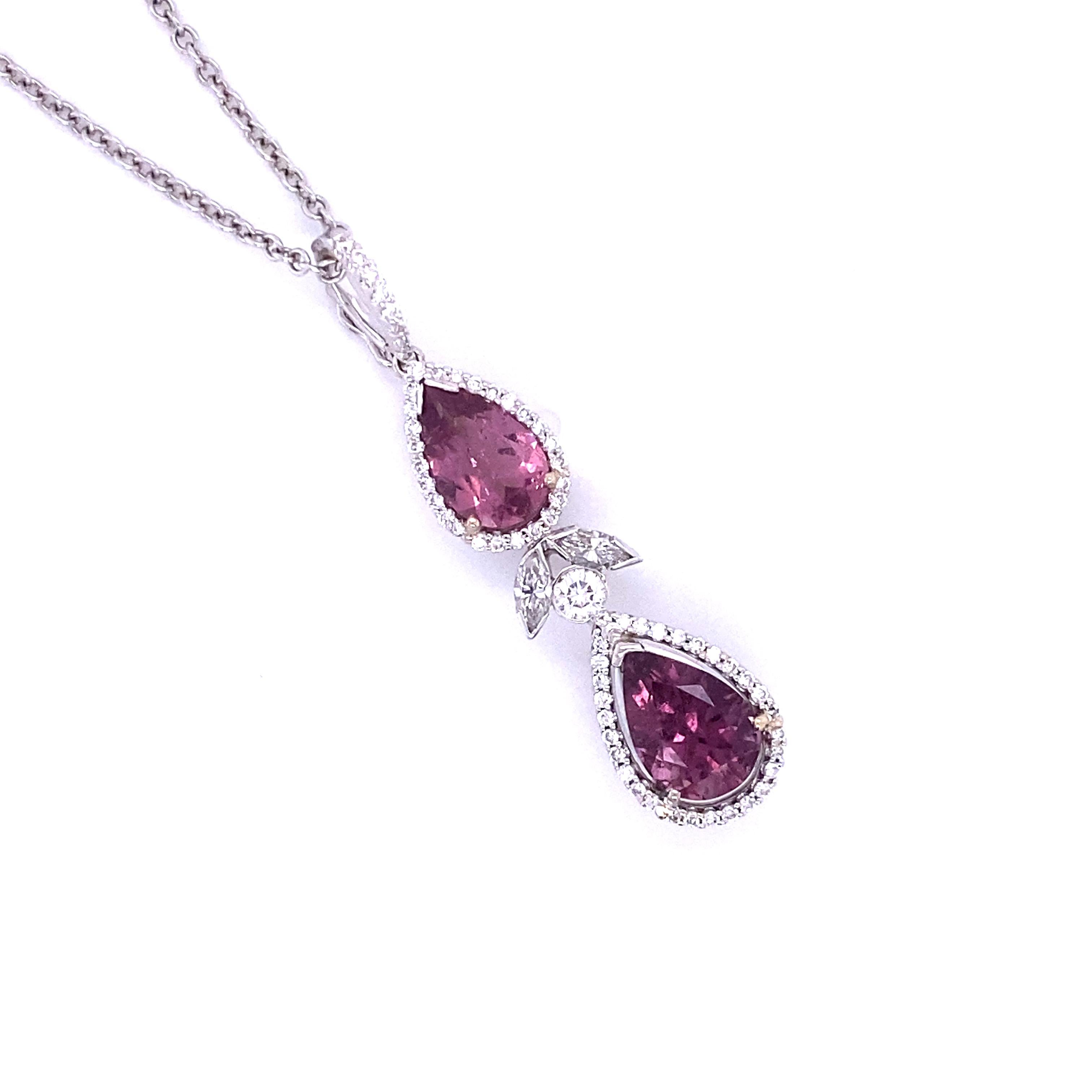 Pear Cut 14 Karat Pink Tourmaline Necklace with Diamonds For Sale