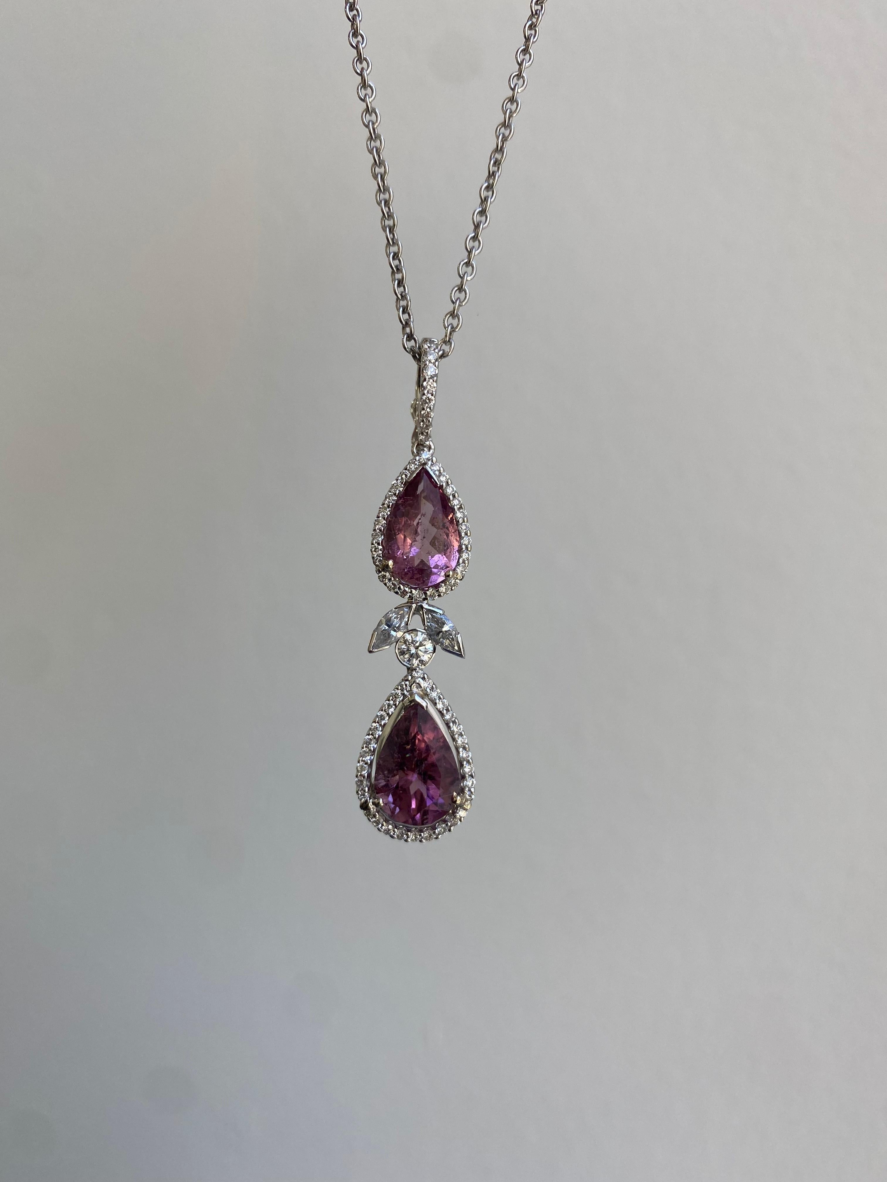 Women's 14 Karat Pink Tourmaline Necklace with Diamonds For Sale