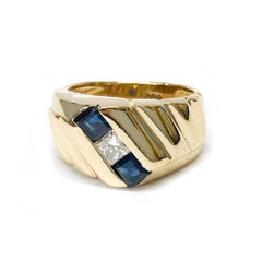 Princess Cut Diamond and Blue Sapphire Pinky Ring in 14K