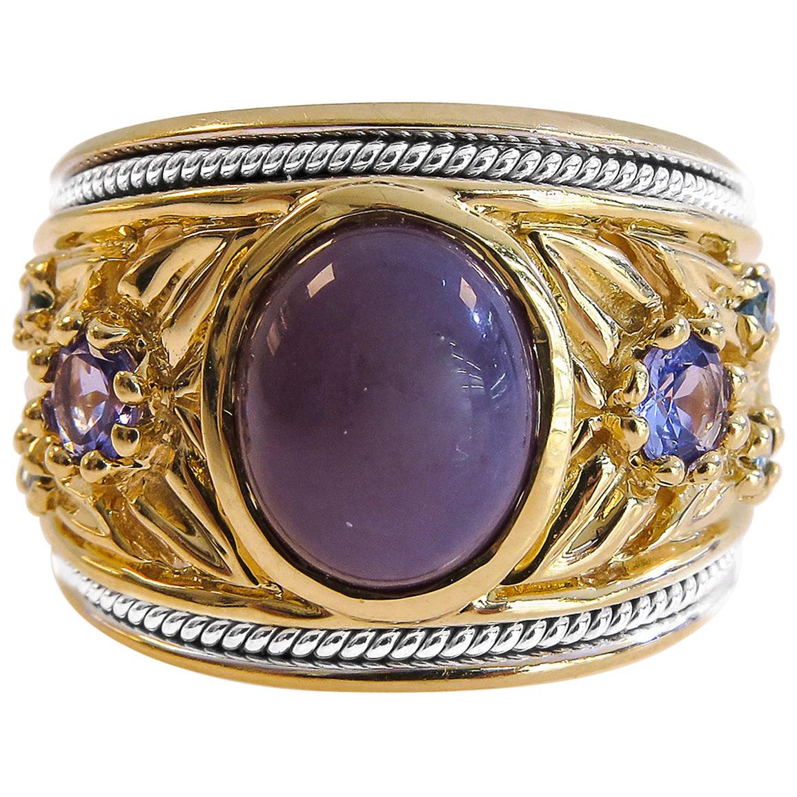 14 Karat Purple Jade-Tanzanite, Blue Diamond Ladies Ring For Sale