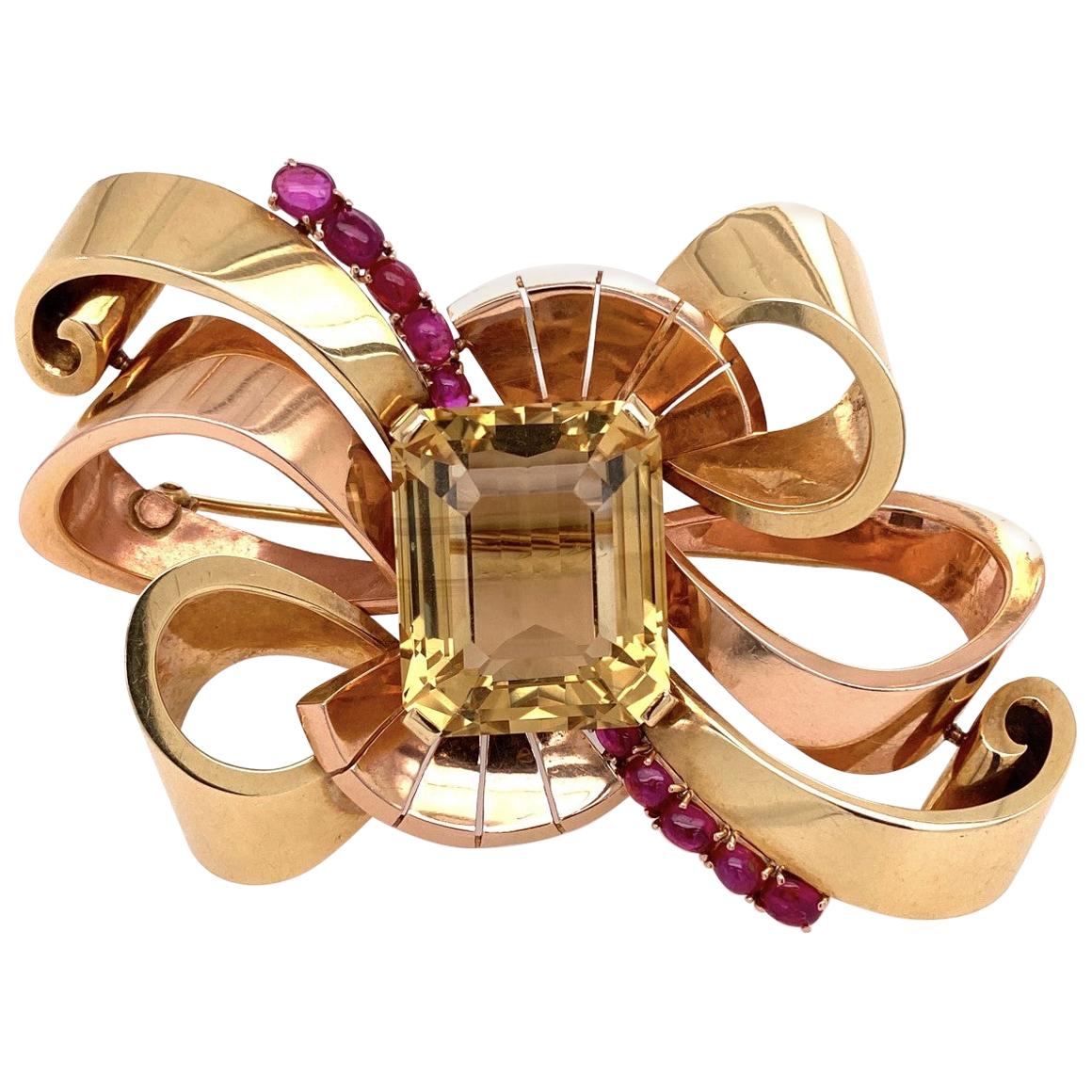 14 Karat Retro Green and Rose Gold Brooch with 49 Carat Citrine and Rubies 41.6g