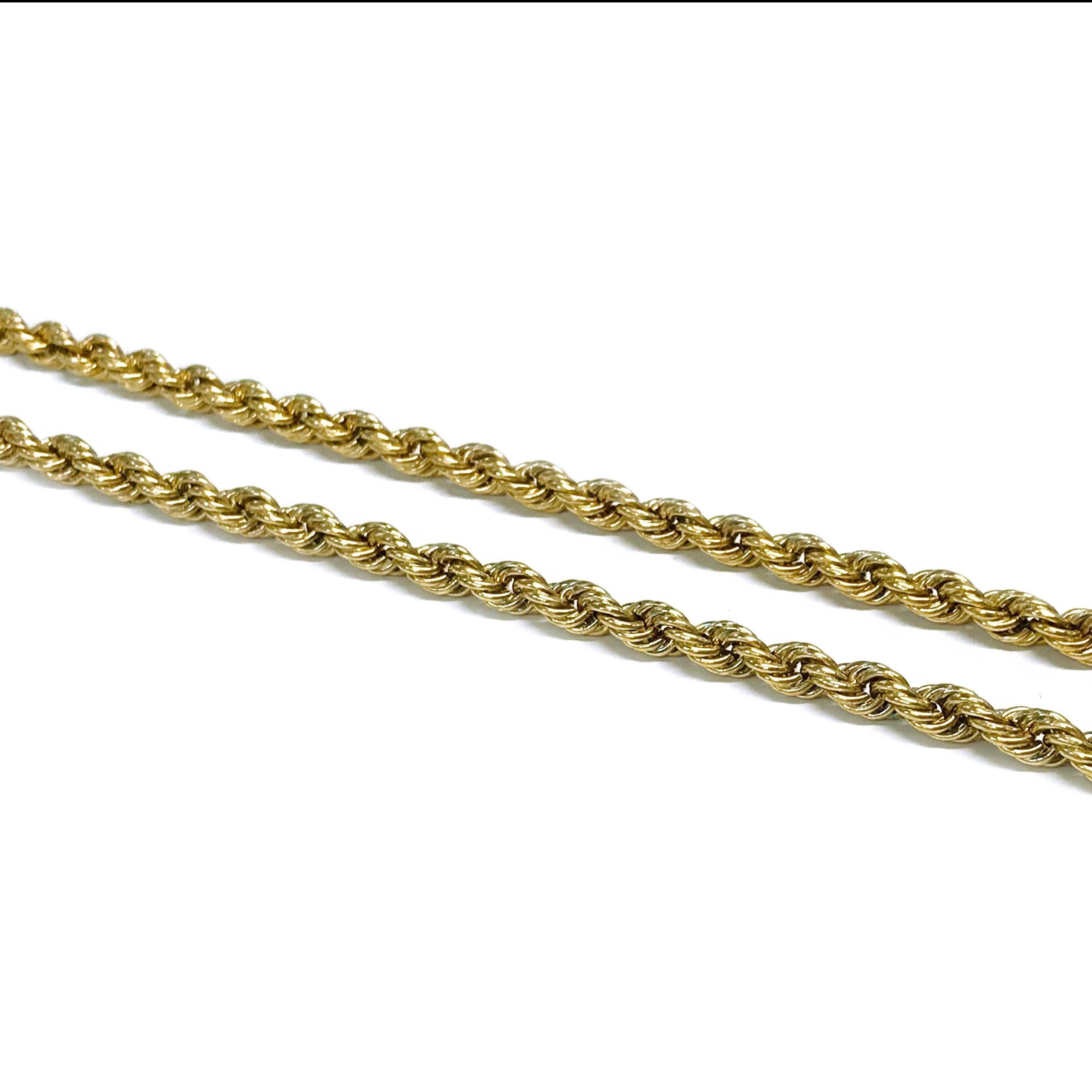 A classic 14 Karat Rope Necklace. The width of the necklace is 4mm. The total gold weight of this necklace is 15.3 grams and the necklace is 20 inches long with a lobster clasp. Stamped on the necklace is the maker's mark LK.