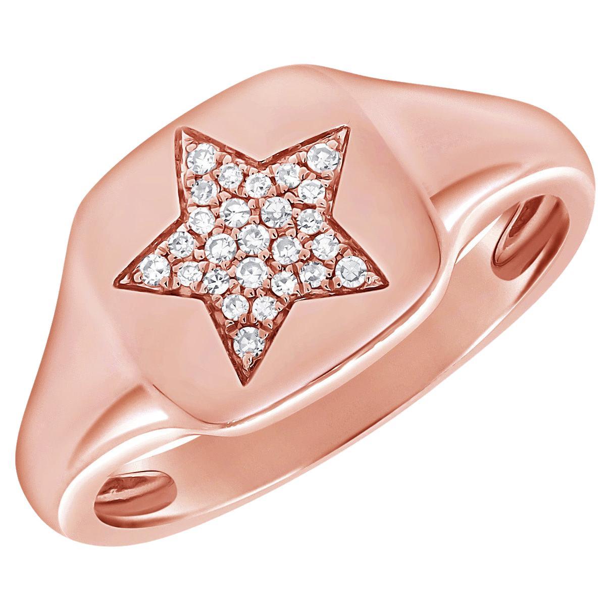 Bague sigillaire rose 14 carats avec étoile pavée de diamants 0,06 carat