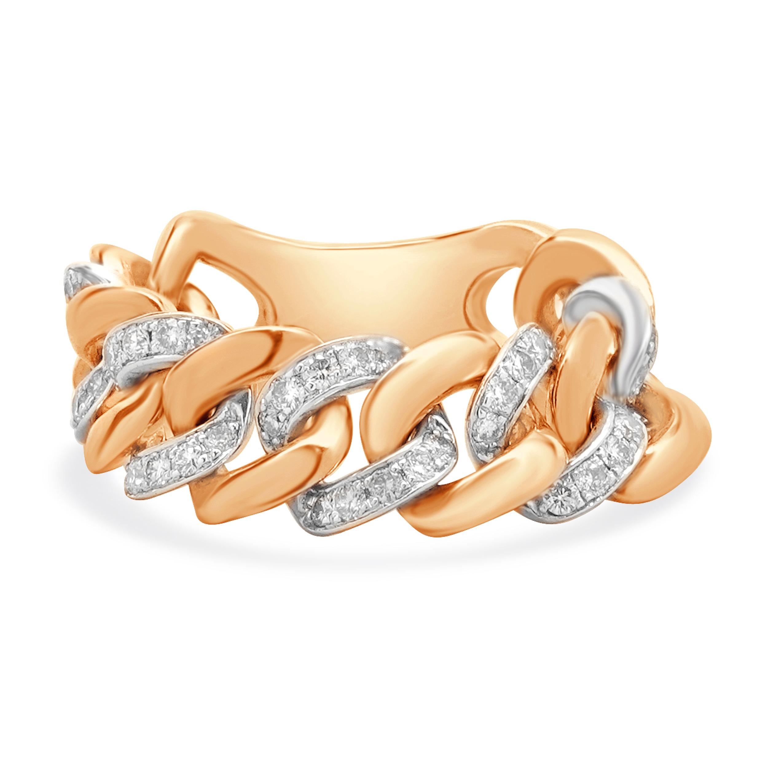 Round Cut 14 Karat Rose and White Gold Diamond Cuban Link Ring For Sale
