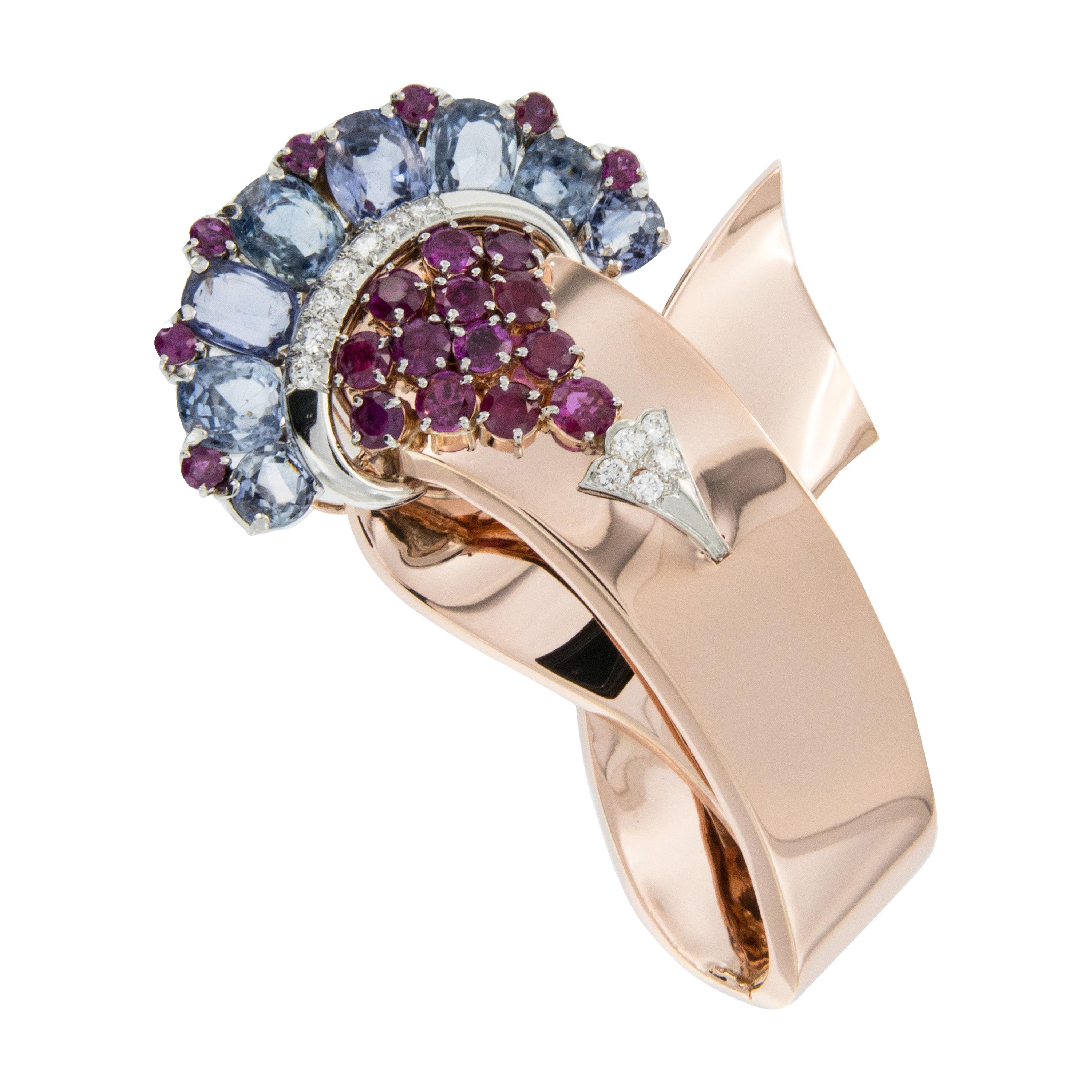 Montre / broche Movado en or rose et blanc 14 carats avec diamants, rubis et saphirs