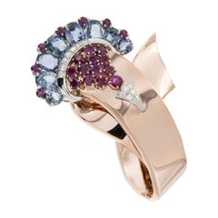 Retro 14 Karat Rose and White Gold Diamond, Ruby and Sapphire Movado Watch / Brooch