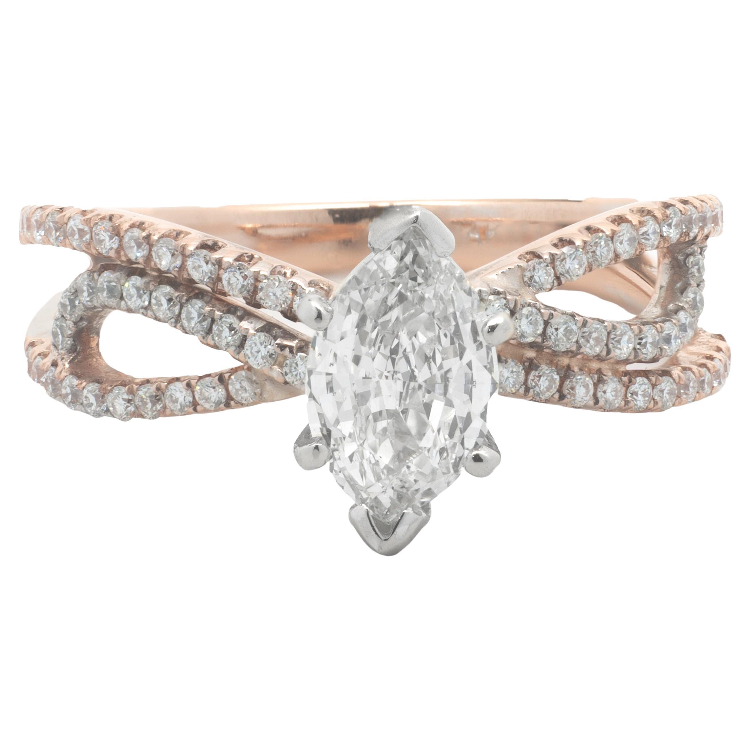 14 Karat Rose and White Gold Marquise Cut Diamond Engagement Ring For Sale
