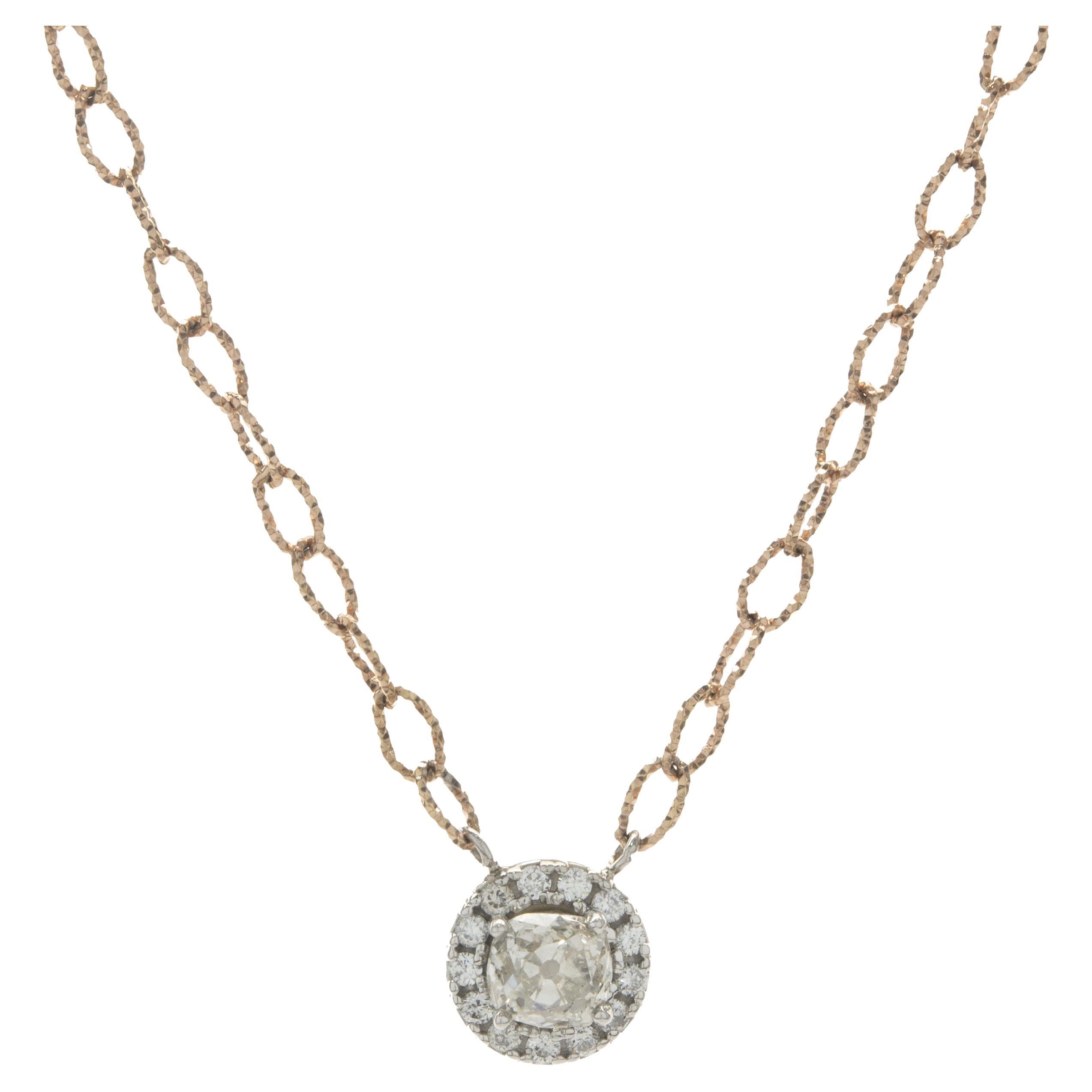 14 Karat Rose and White Gold Old Mine Cut Diamond Halo Necklace For Sale