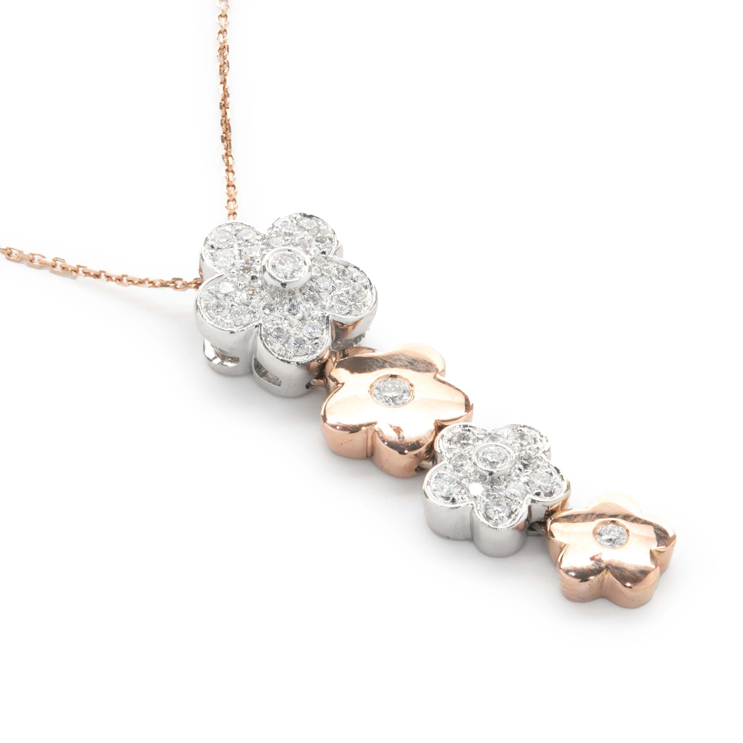 Round Cut 14 Karat Rose and White Gold Pave Diamond Flower Drop Necklace For Sale