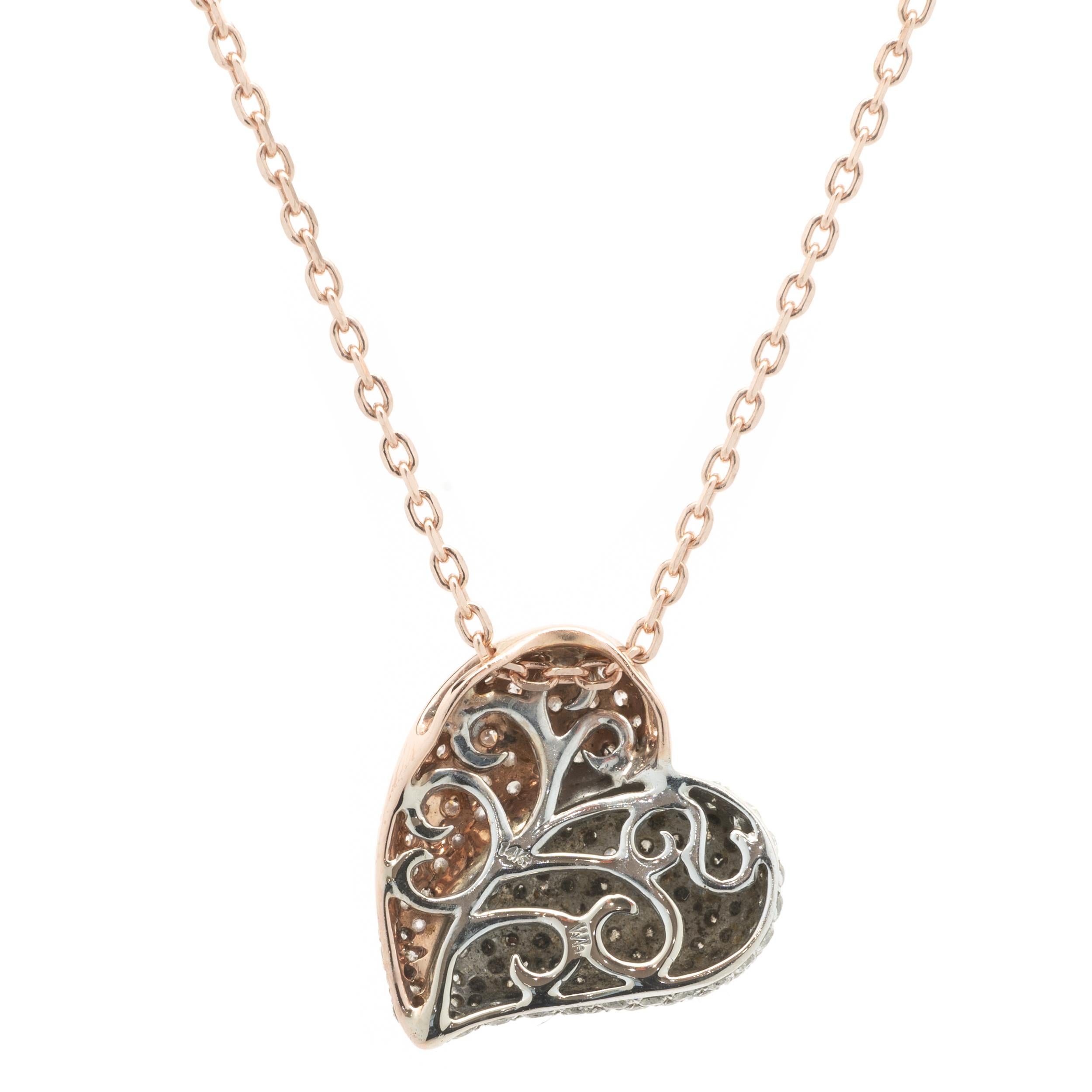 Round Cut 14 Karat Rose and White Gold Pave Diamond Heart Necklace For Sale