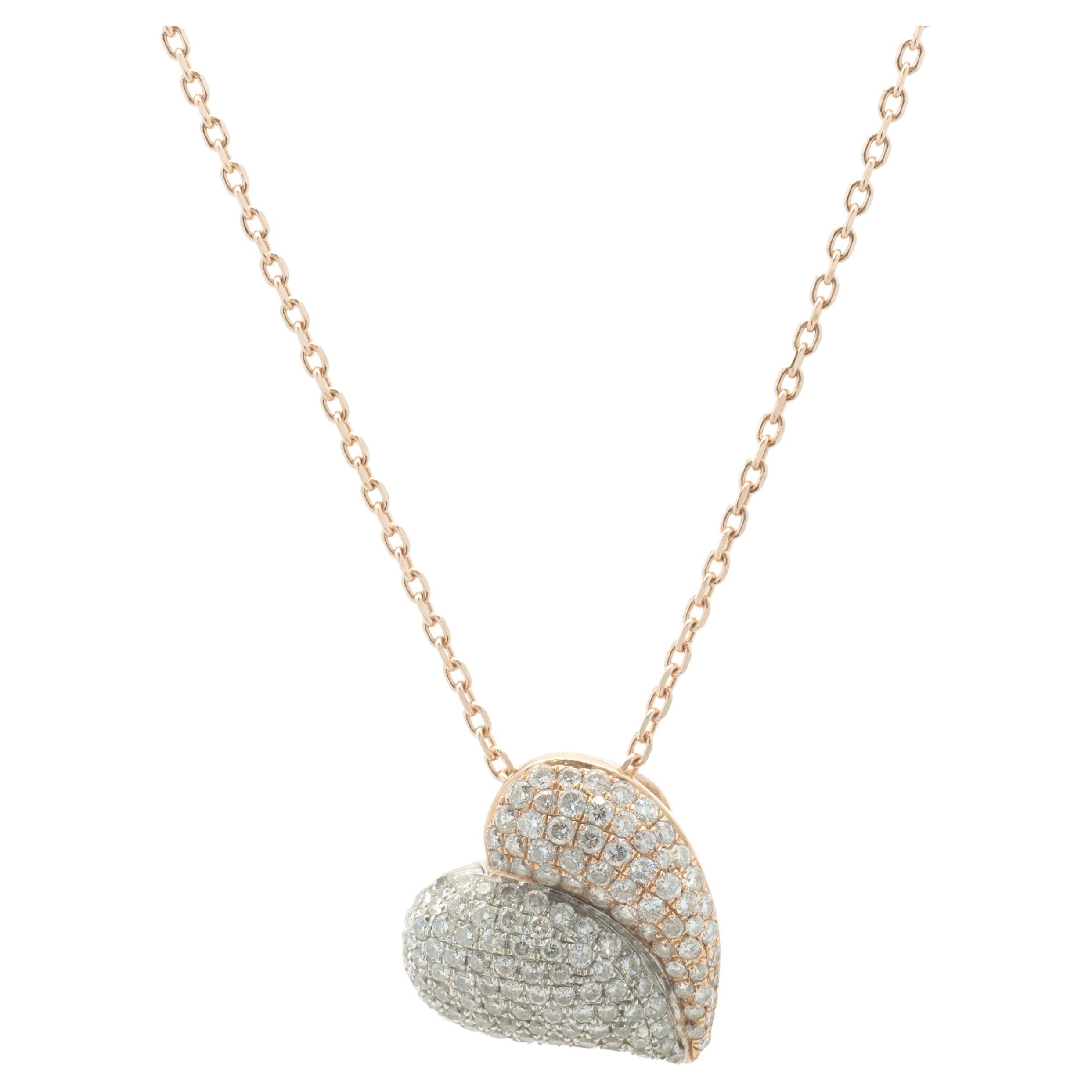 14 Karat Rose and White Gold Pave Diamond Heart Necklace For Sale