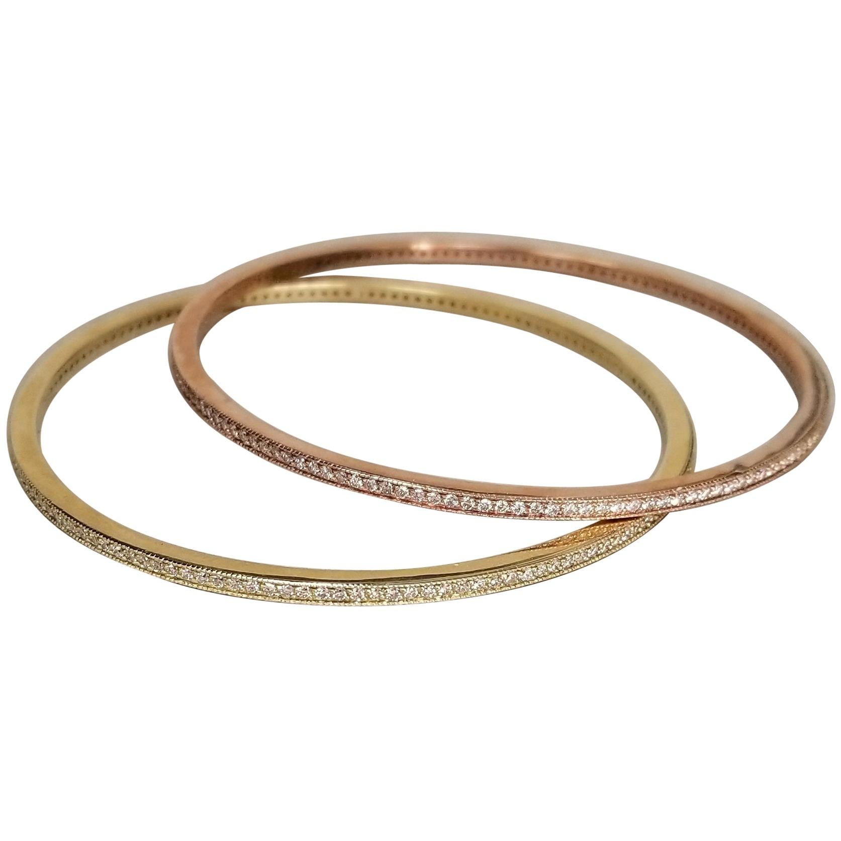 14 Karat Rose and Yellow Gold Diamond Bangles For Sale