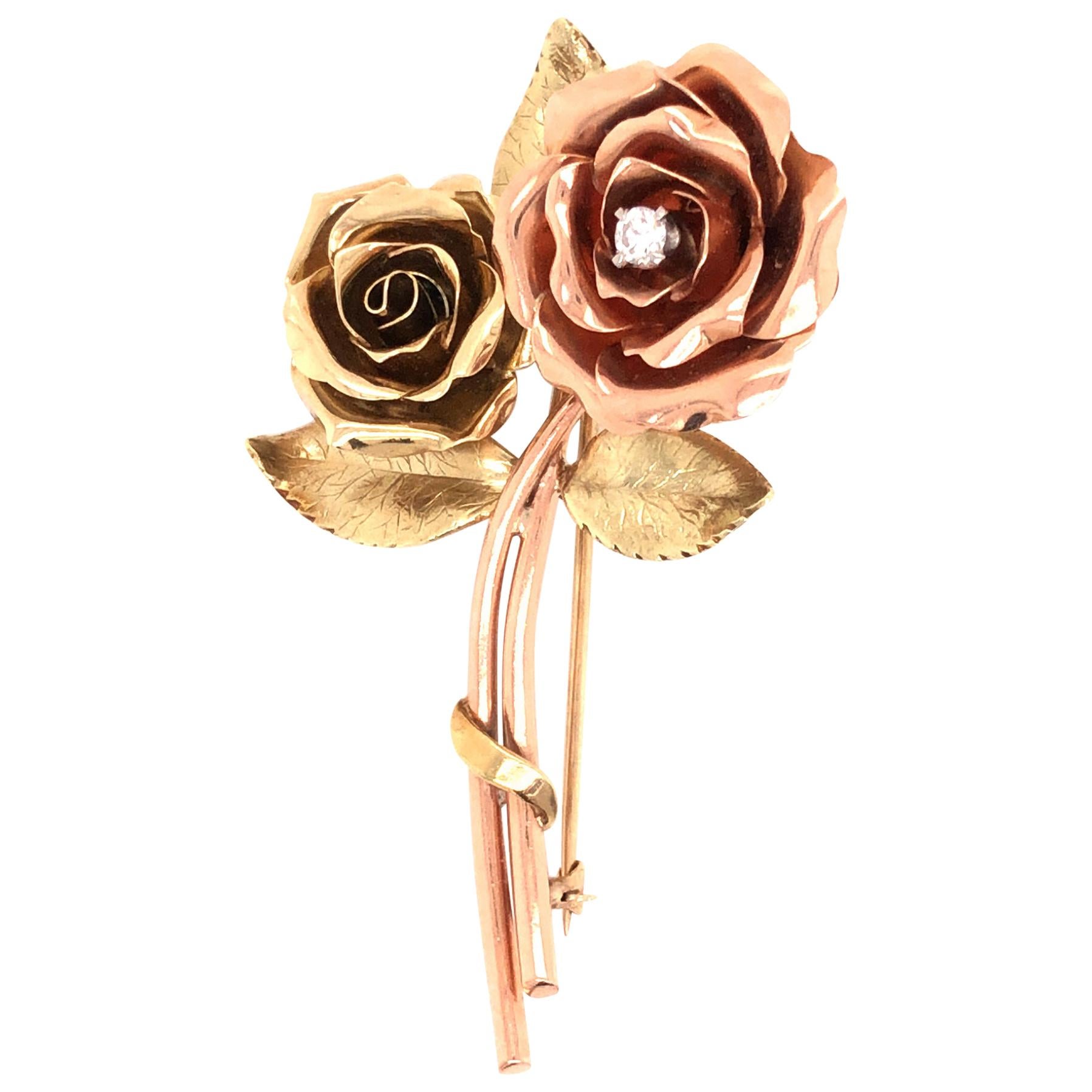 14 Karat Rose and Yellow Gold Diamond Rose Brooch