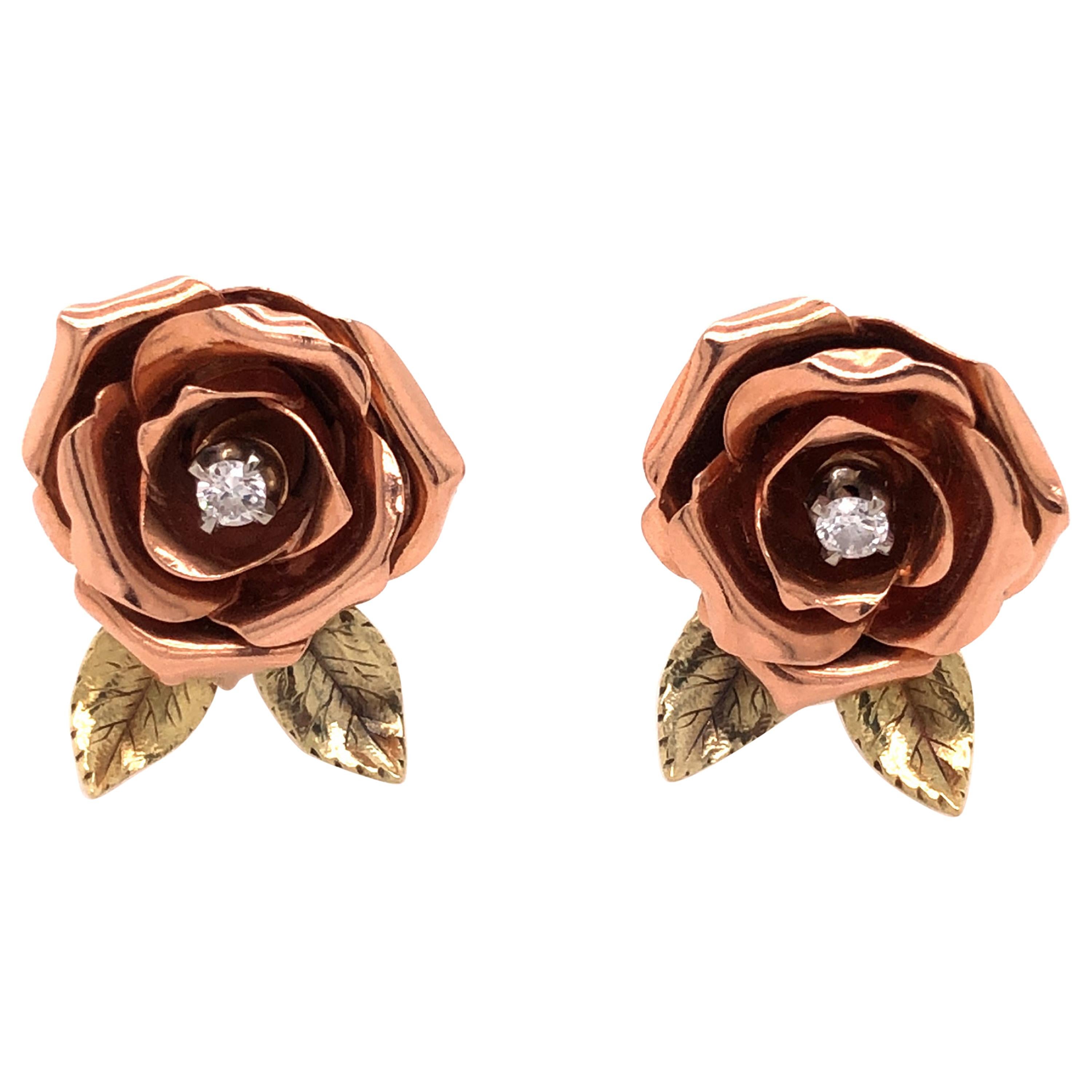 14 Karat Rose and Yellow Gold Diamond Rose Earrings For Sale