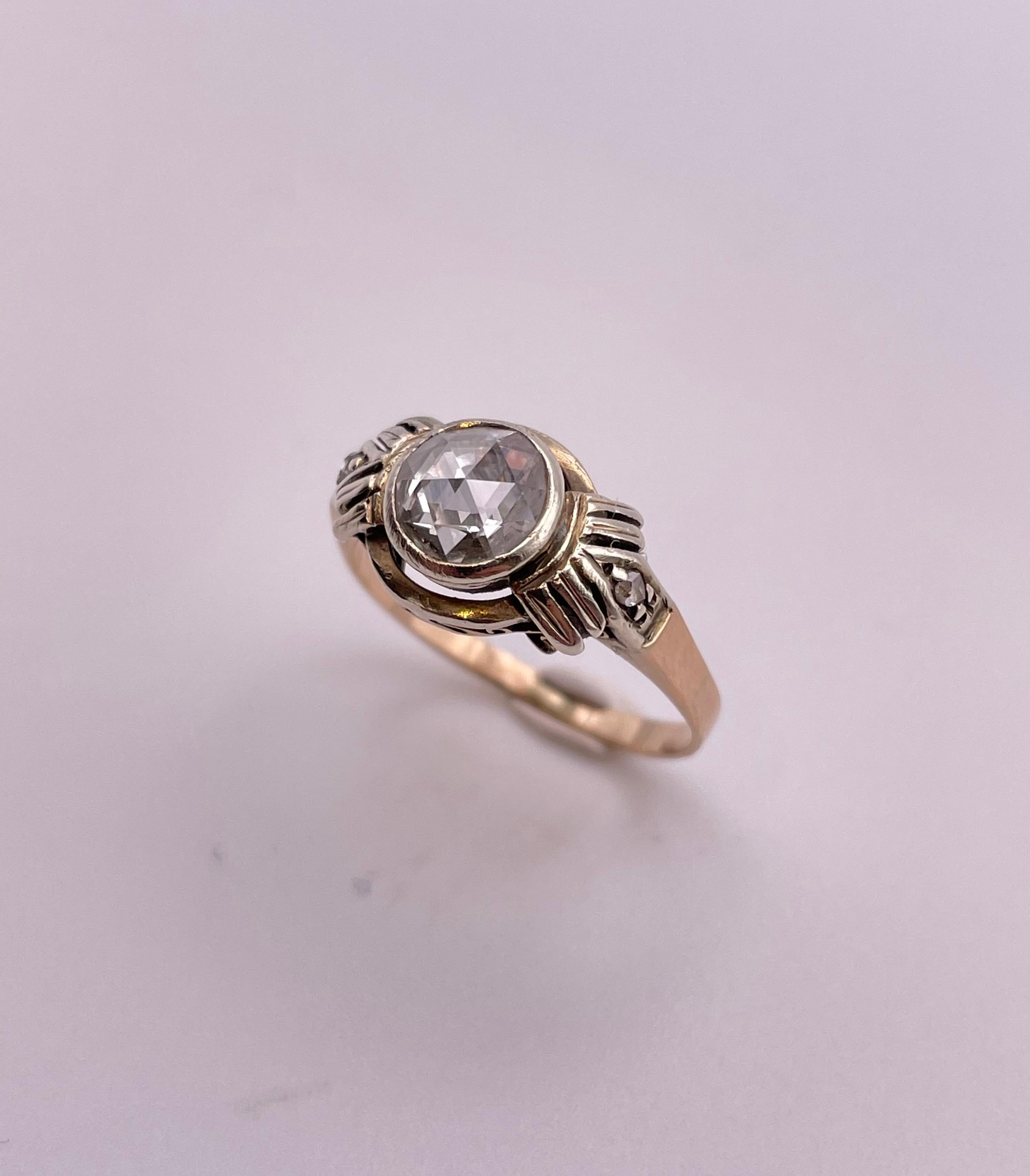 14 Karat Rose Cut .90 Carat Diamond Ring For Sale 1