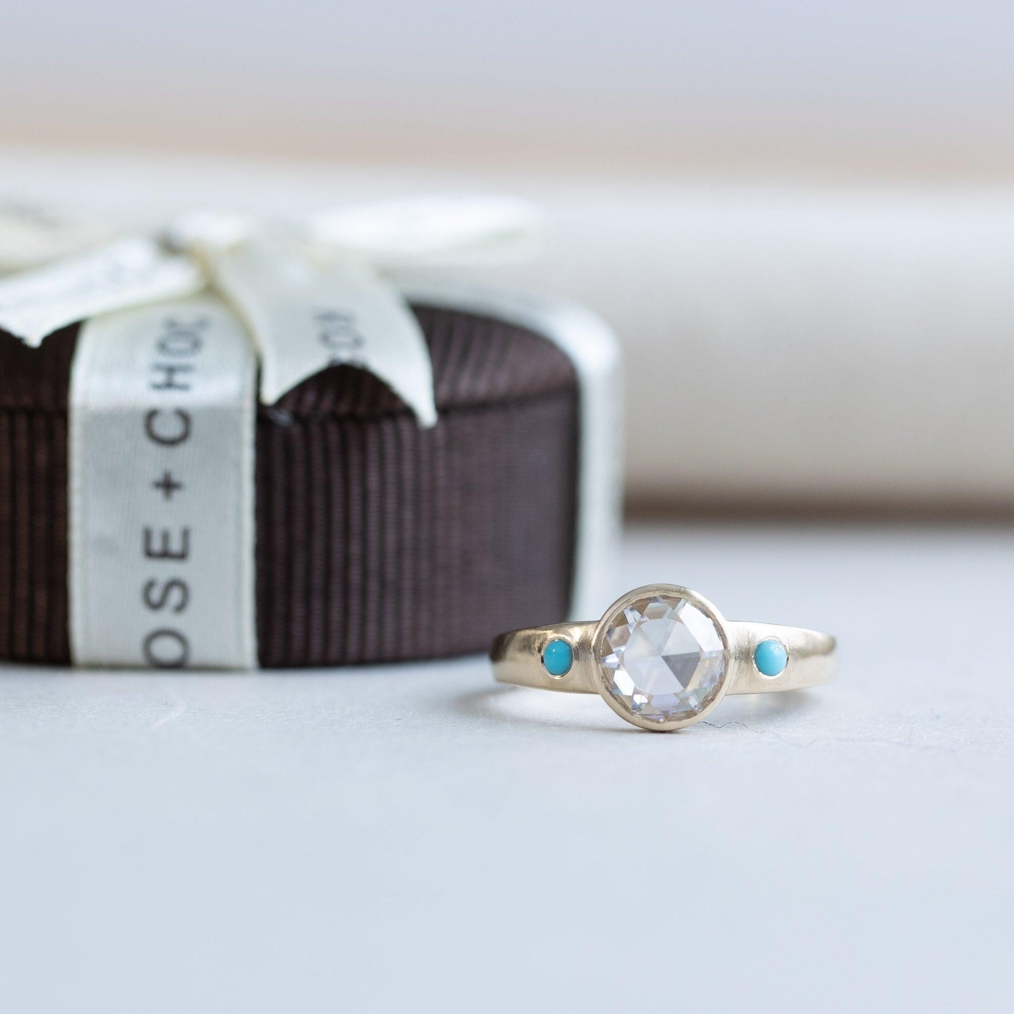 En vente :  Bague en or jaune 14 carats avec diamant taille rose, bague en turquoise, bague bohème 2